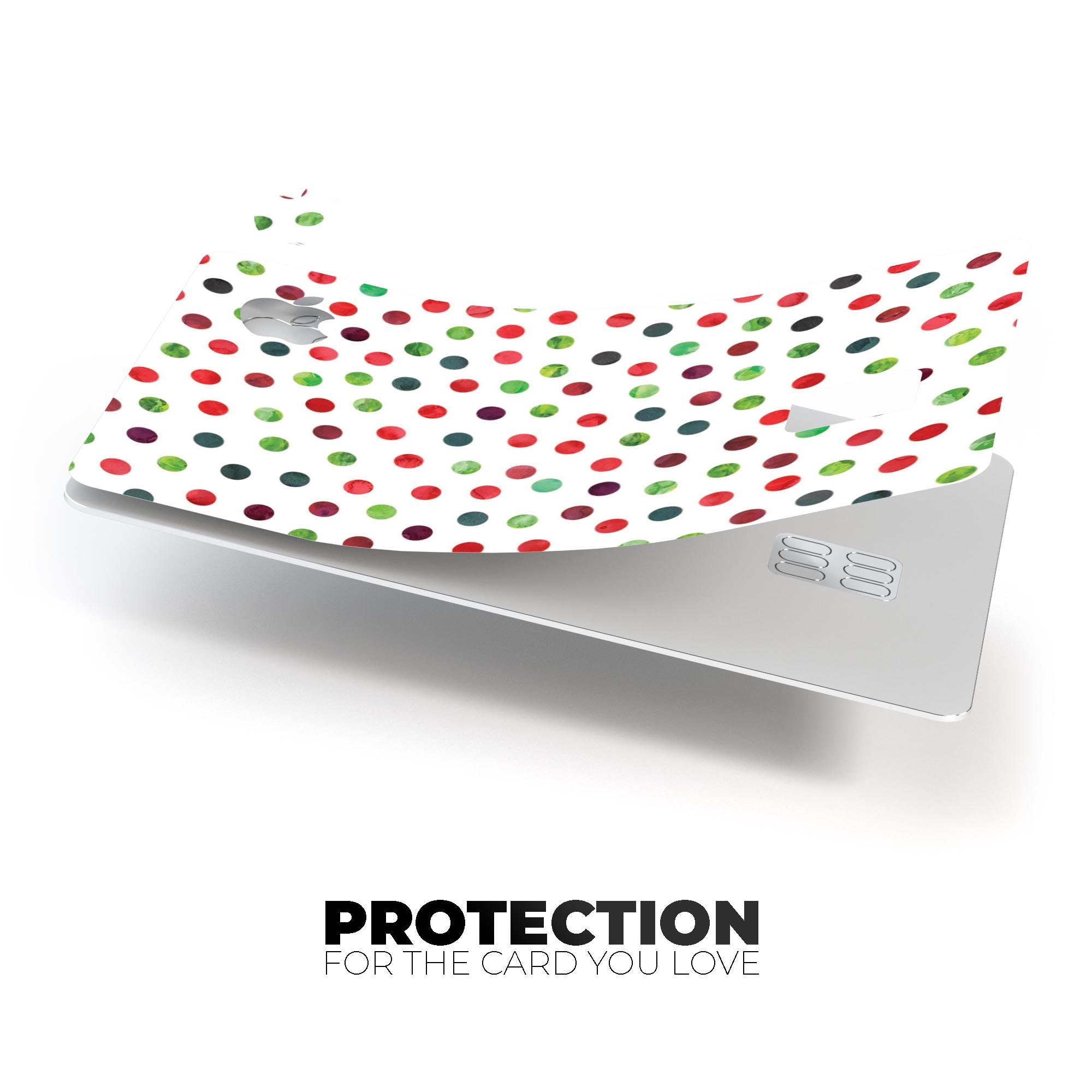 Red and green watercolor dots decal on a white background, designed for Apple Card protection.