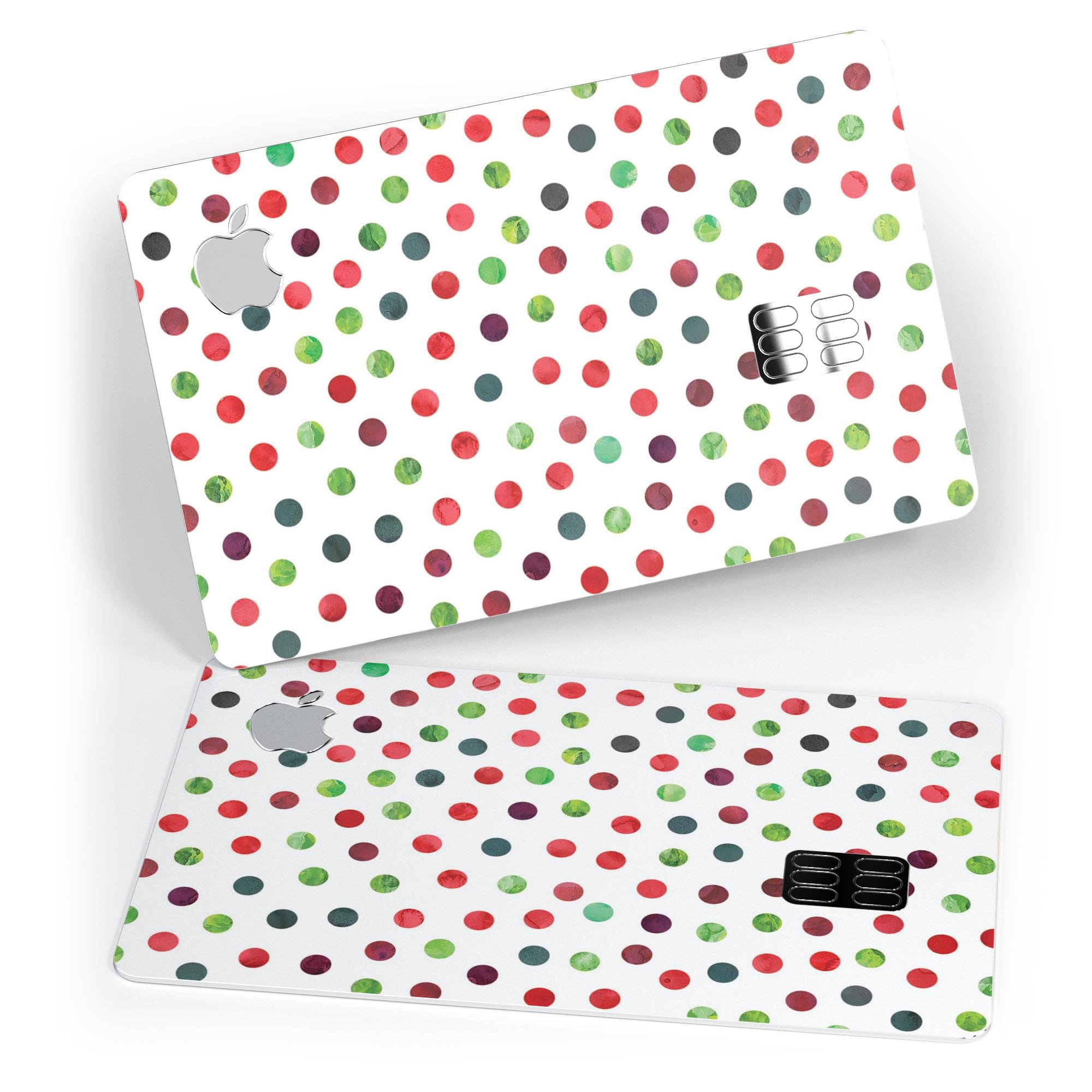 Red and green watercolor dots decal on a white background, designed for Apple Card protection.