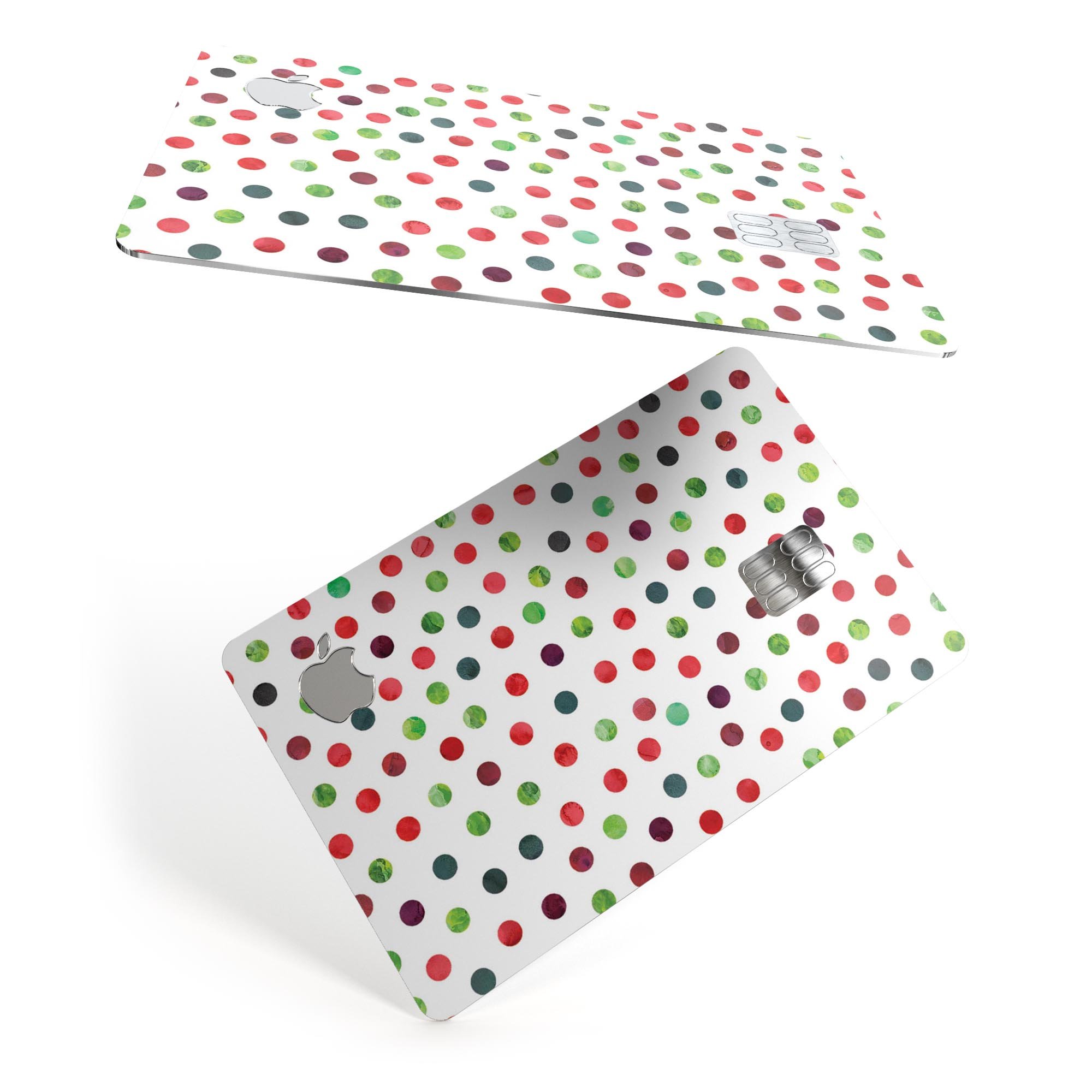 Red and green watercolor dots decal on a white background, designed for Apple Card protection.