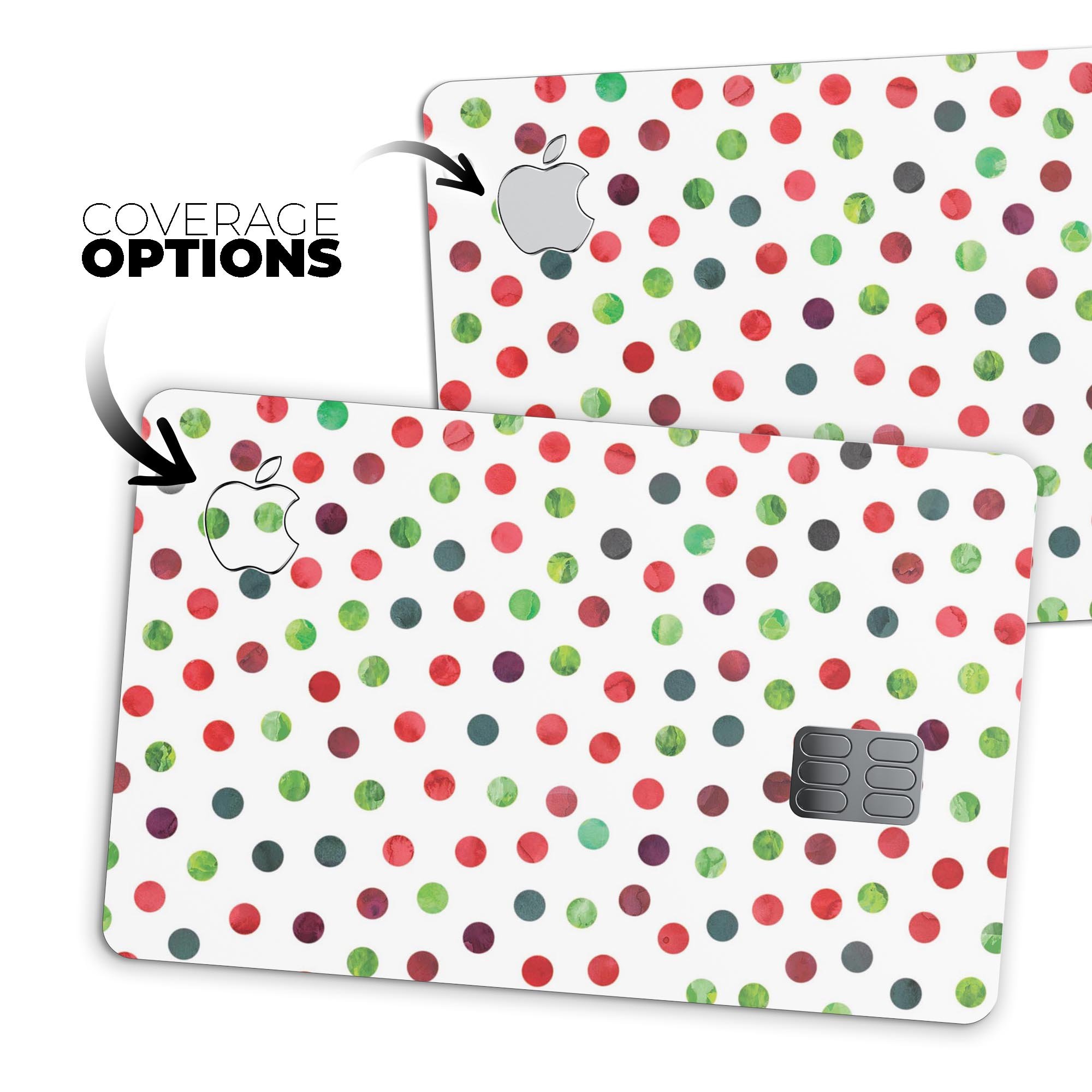 Red and green watercolor dots decal on a white background, designed for Apple Card protection.