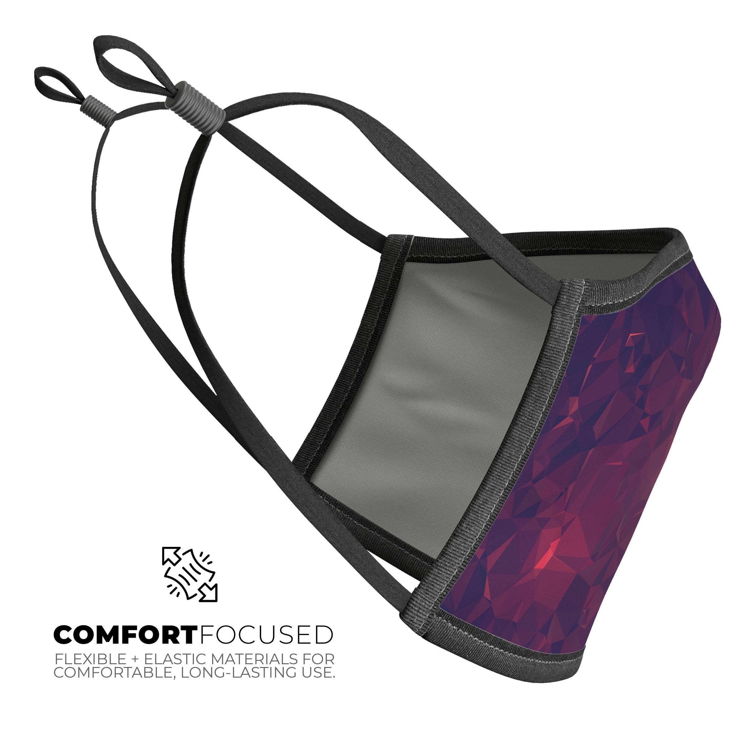 Red and Purple Geometric Triangles mouth cover, showcasing a stylish design with adjustable ear loops for a comfortable fit.