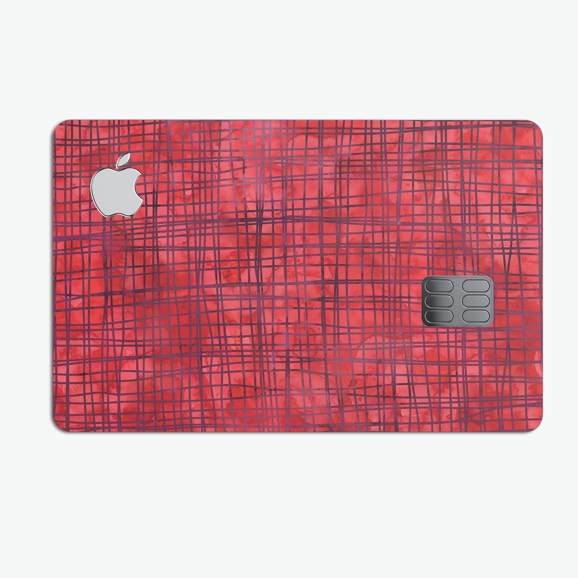 Red and Purple Watercolor Cross Hatch decal on an Apple Card, showcasing vibrant colors and a protective design.