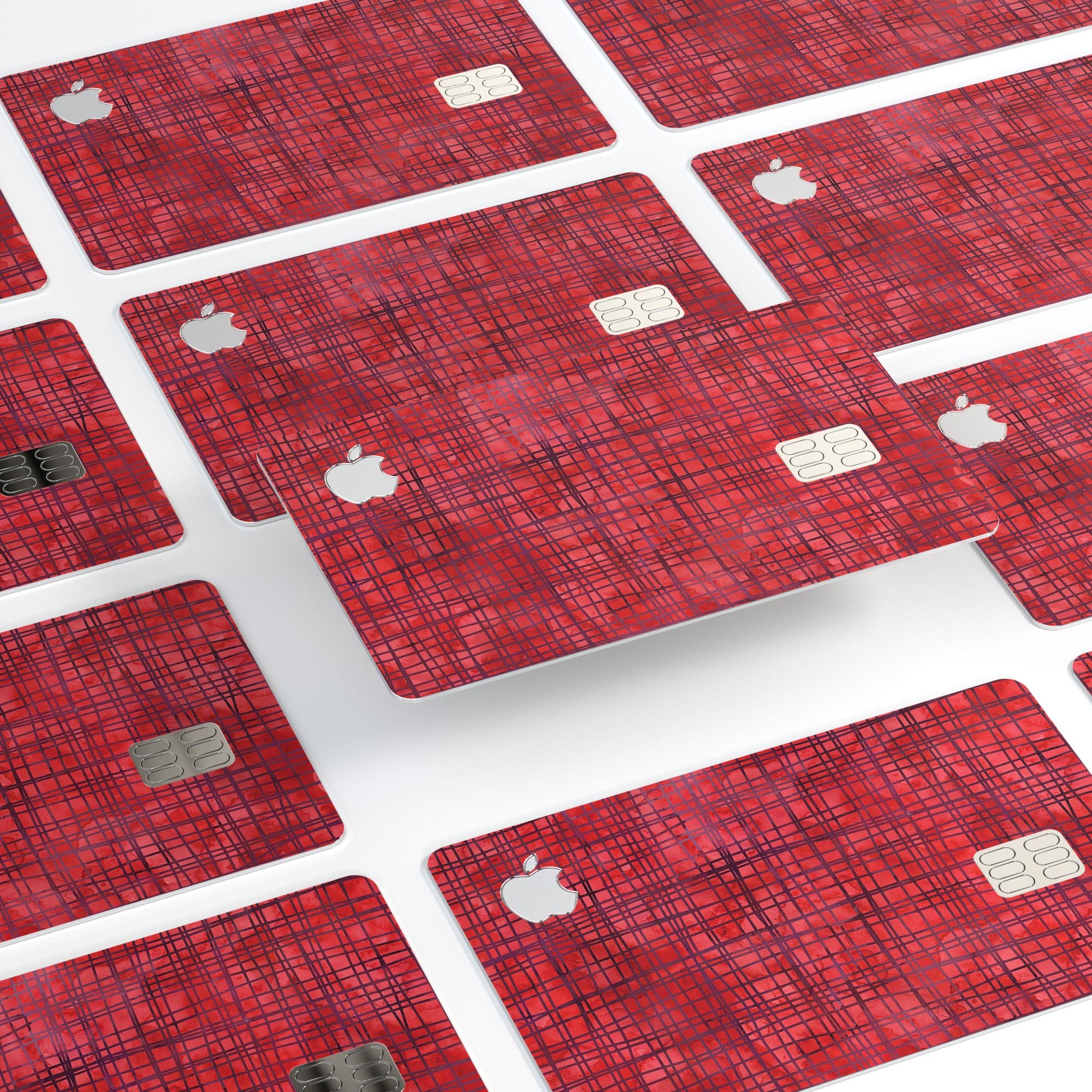 Red and Purple Watercolor Cross Hatch decal on an Apple Card, showcasing vibrant colors and a protective design.