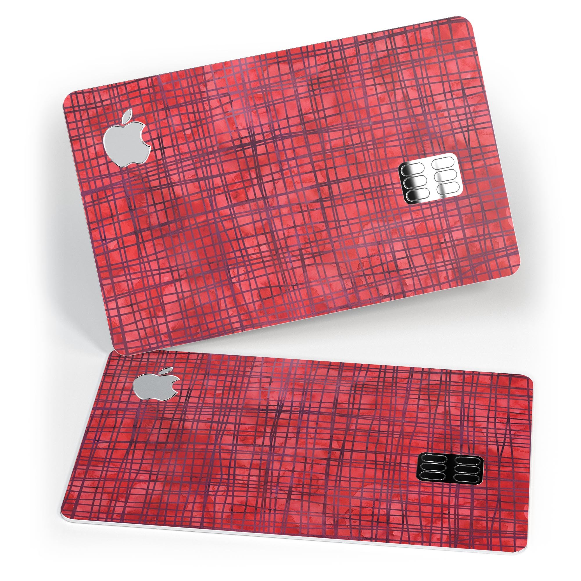 Red and Purple Watercolor Cross Hatch decal on an Apple Card, showcasing vibrant colors and a protective design.