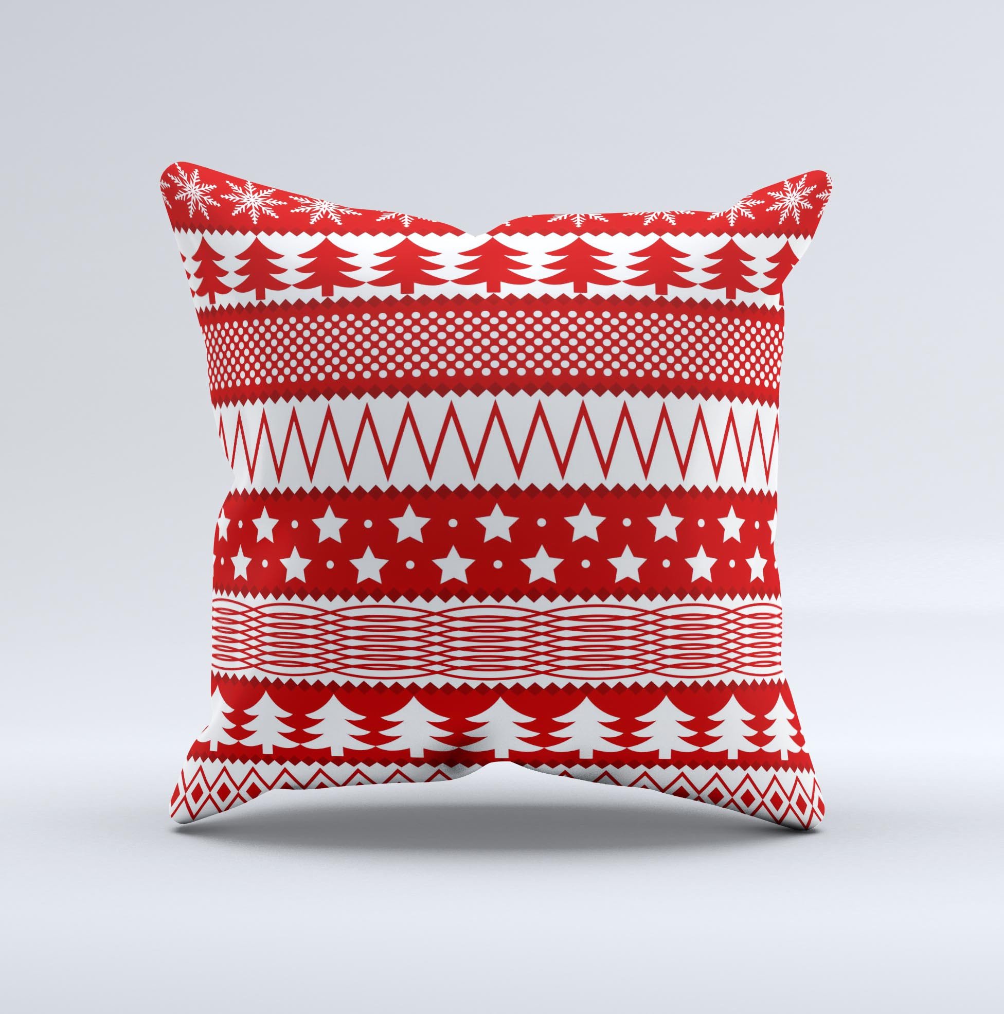 Red and white decorative throw pillow featuring a Christmas pattern, handcrafted in Virginia with high-quality materials.