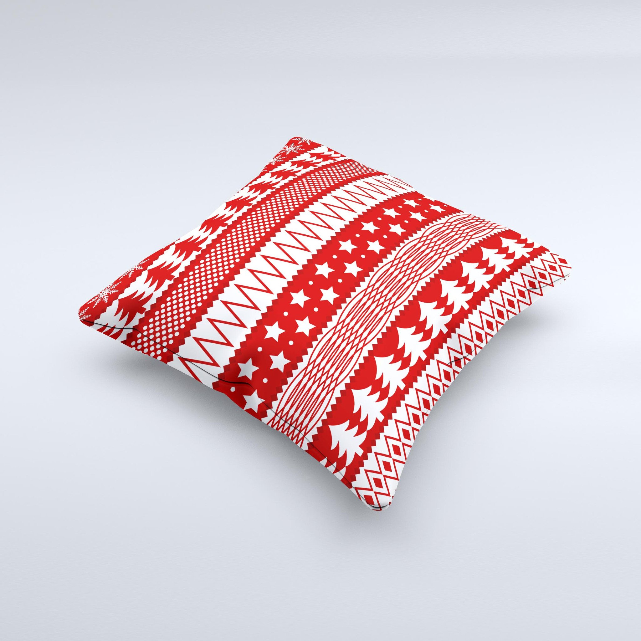 Red and white decorative throw pillow featuring a Christmas pattern, handcrafted in Virginia with high-quality materials.