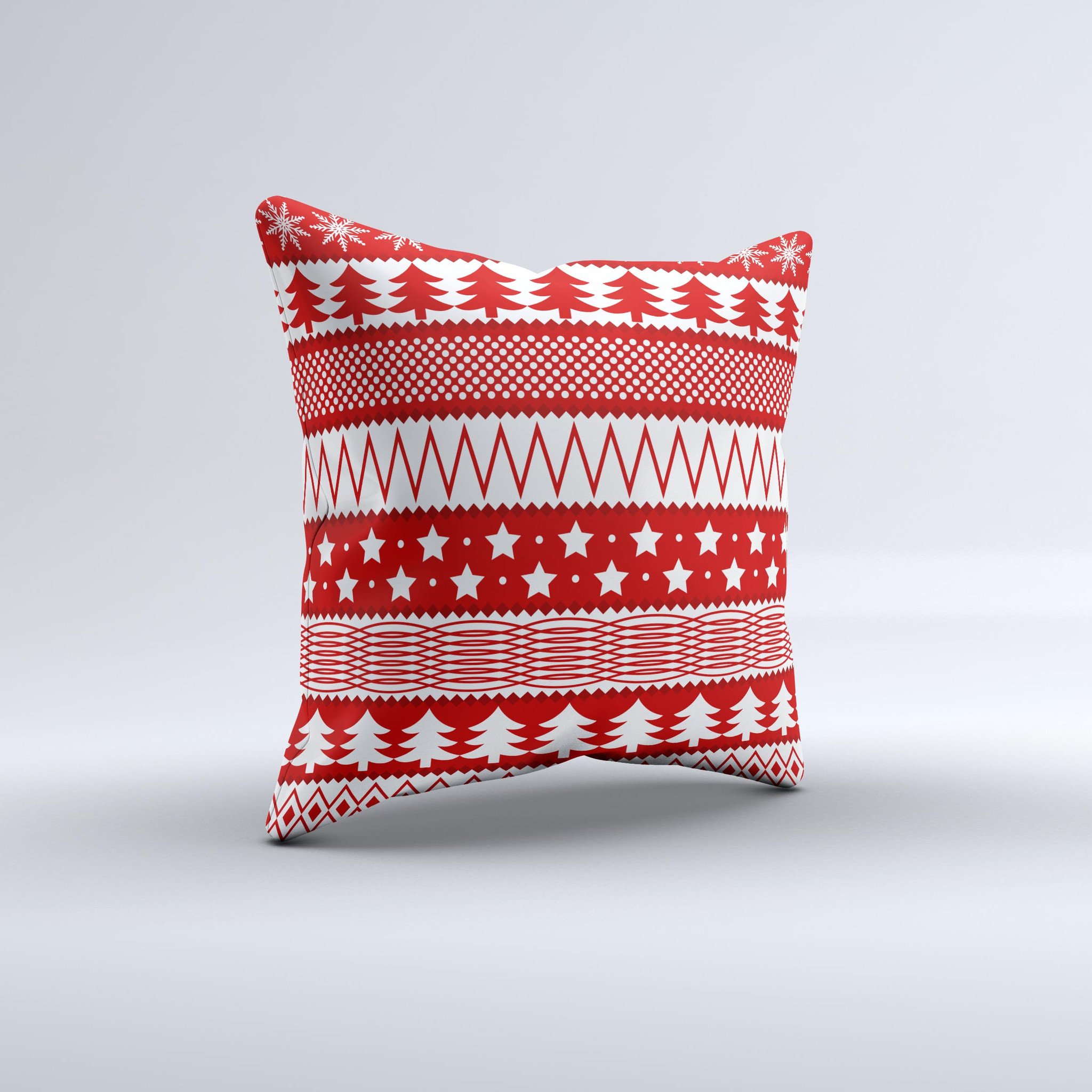 Red and white decorative throw pillow featuring a Christmas pattern, handcrafted in Virginia with high-quality materials.