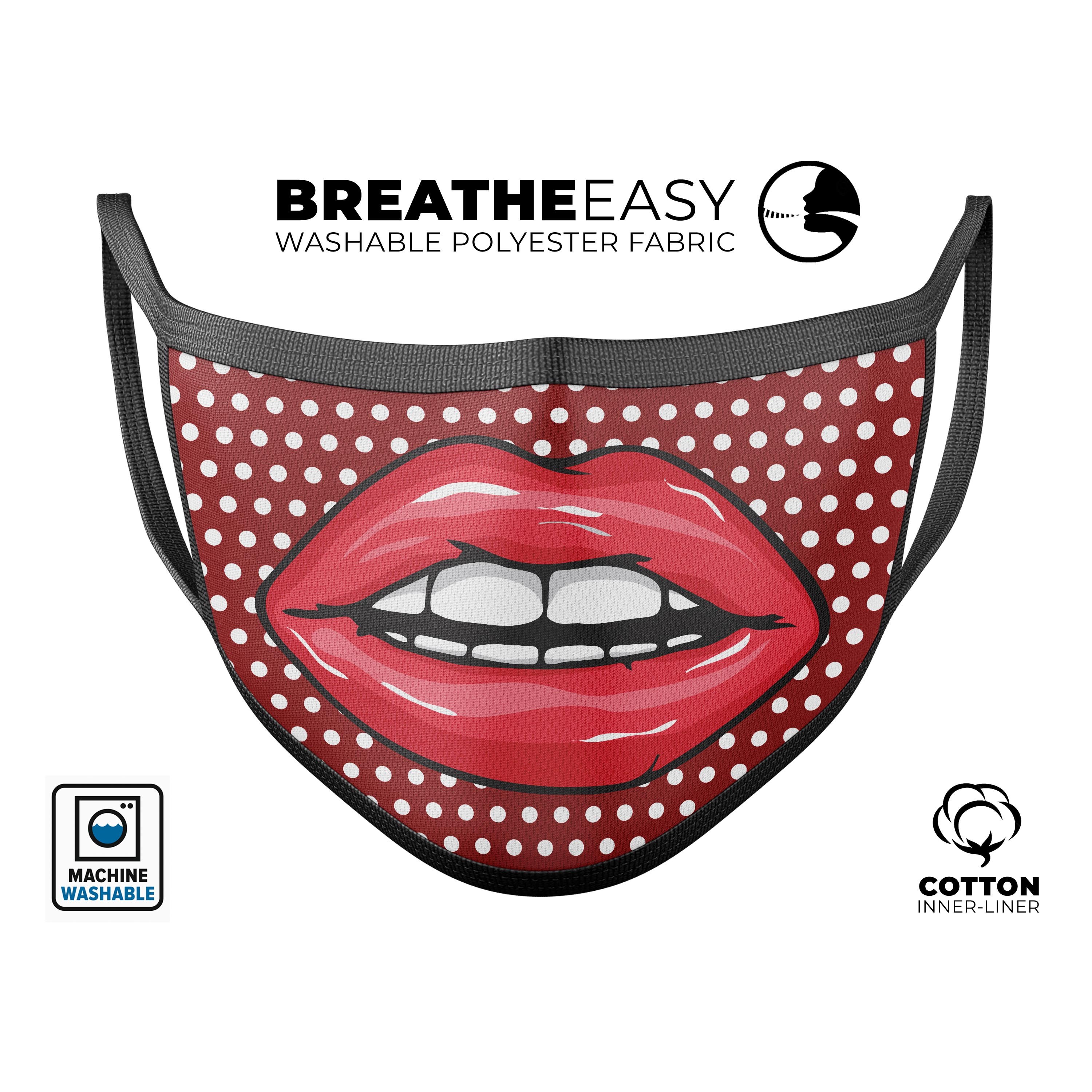 Red and white polka dot face mask with luscious lips design, showcasing adjustable ear loops and soft cotton interior.