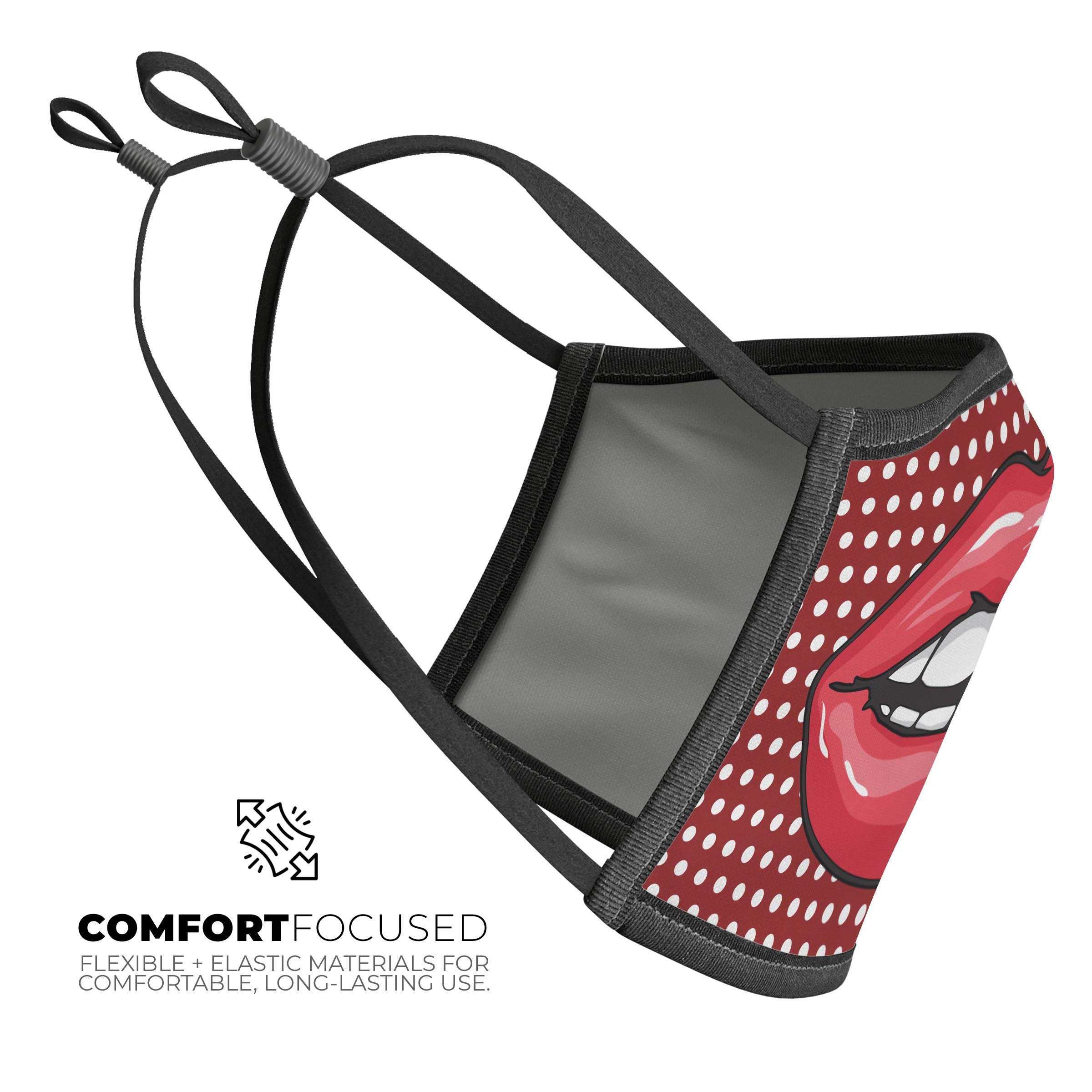 Red and white polka dot face mask with luscious lips design, showcasing adjustable ear loops and soft cotton interior.