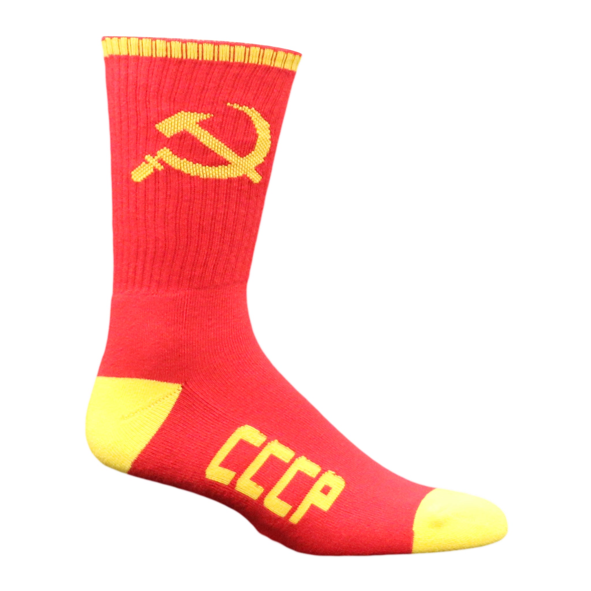 Red CCCP Crew Socks featuring Hammer and Sickle design in yellow, perfect for unisex wear.