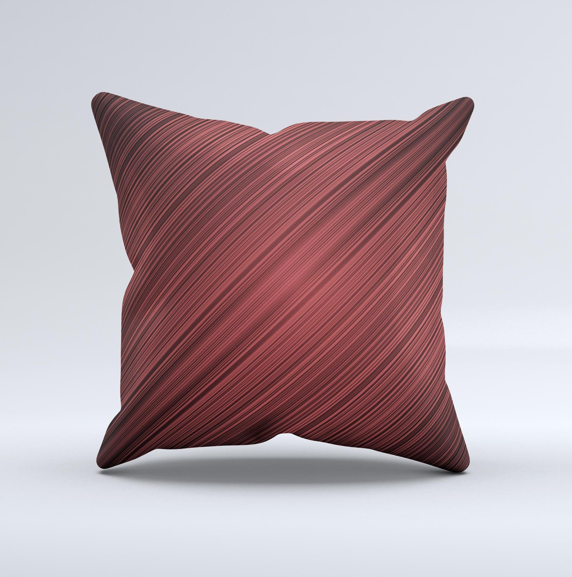 Red decorative throw pillow featuring diagonal thin stripes, handcrafted in Virginia with high thread count fabric and polyester filling.