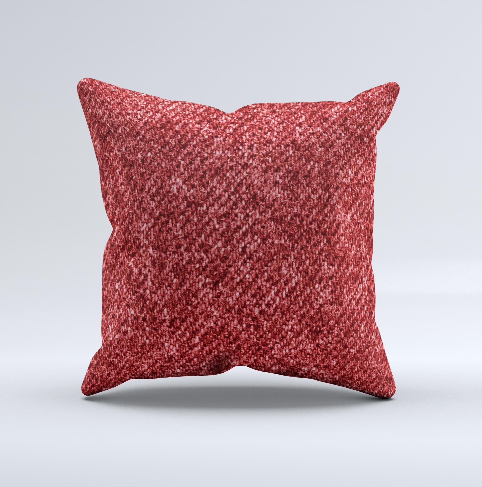 A vibrant red decorative throw pillow with intricate ink-fuzed design, handcrafted in Virginia, showcasing unique imperfections.