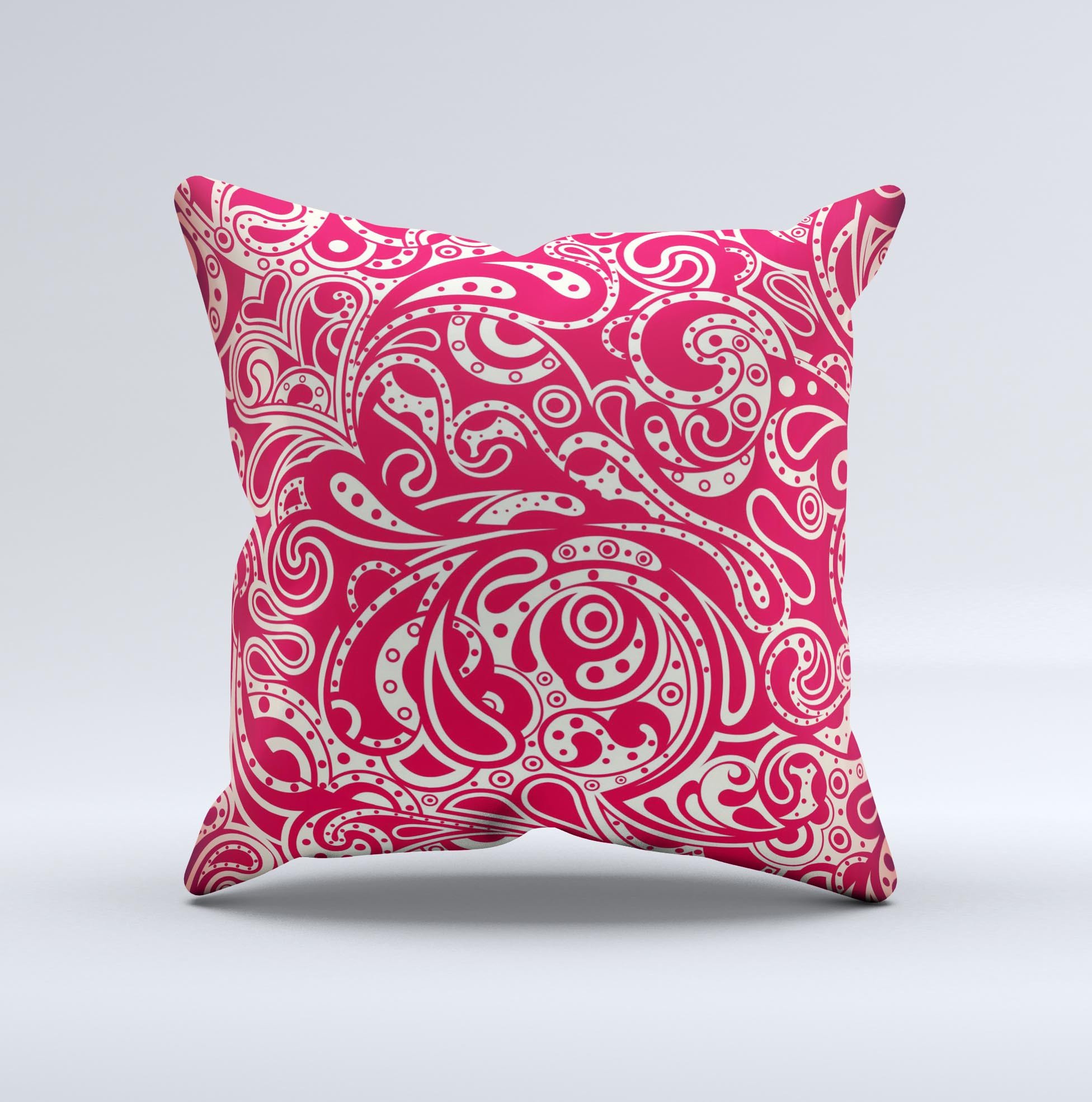 Red floral paisley pattern decorative throw pillow, showcasing intricate designs and vibrant colors, perfect for home decor.