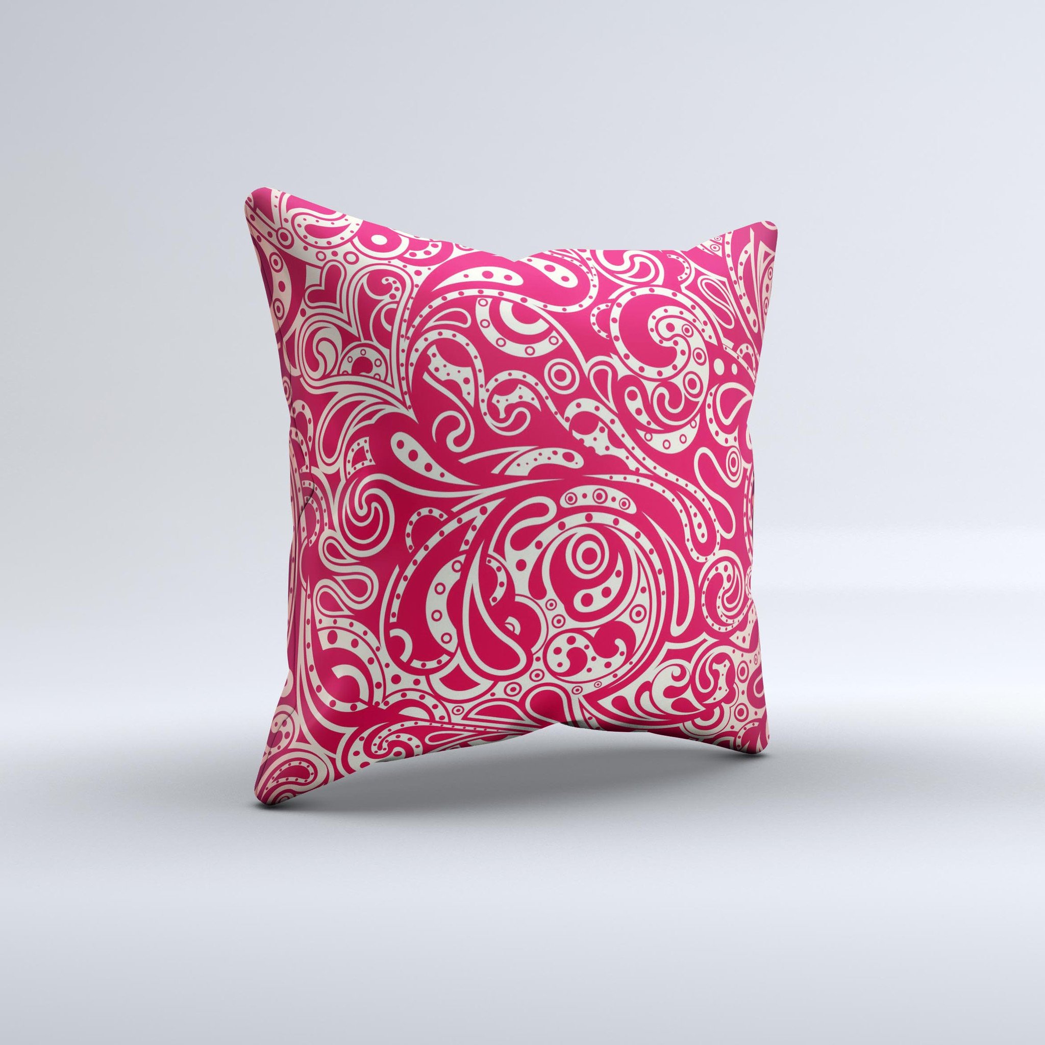 Red floral paisley pattern decorative throw pillow, showcasing intricate designs and vibrant colors, perfect for home decor.