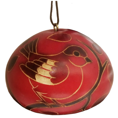 A beautifully handcrafted red gourd ornament featuring intricately etched birds, symbolizing peace and tradition, perfect for home decor.