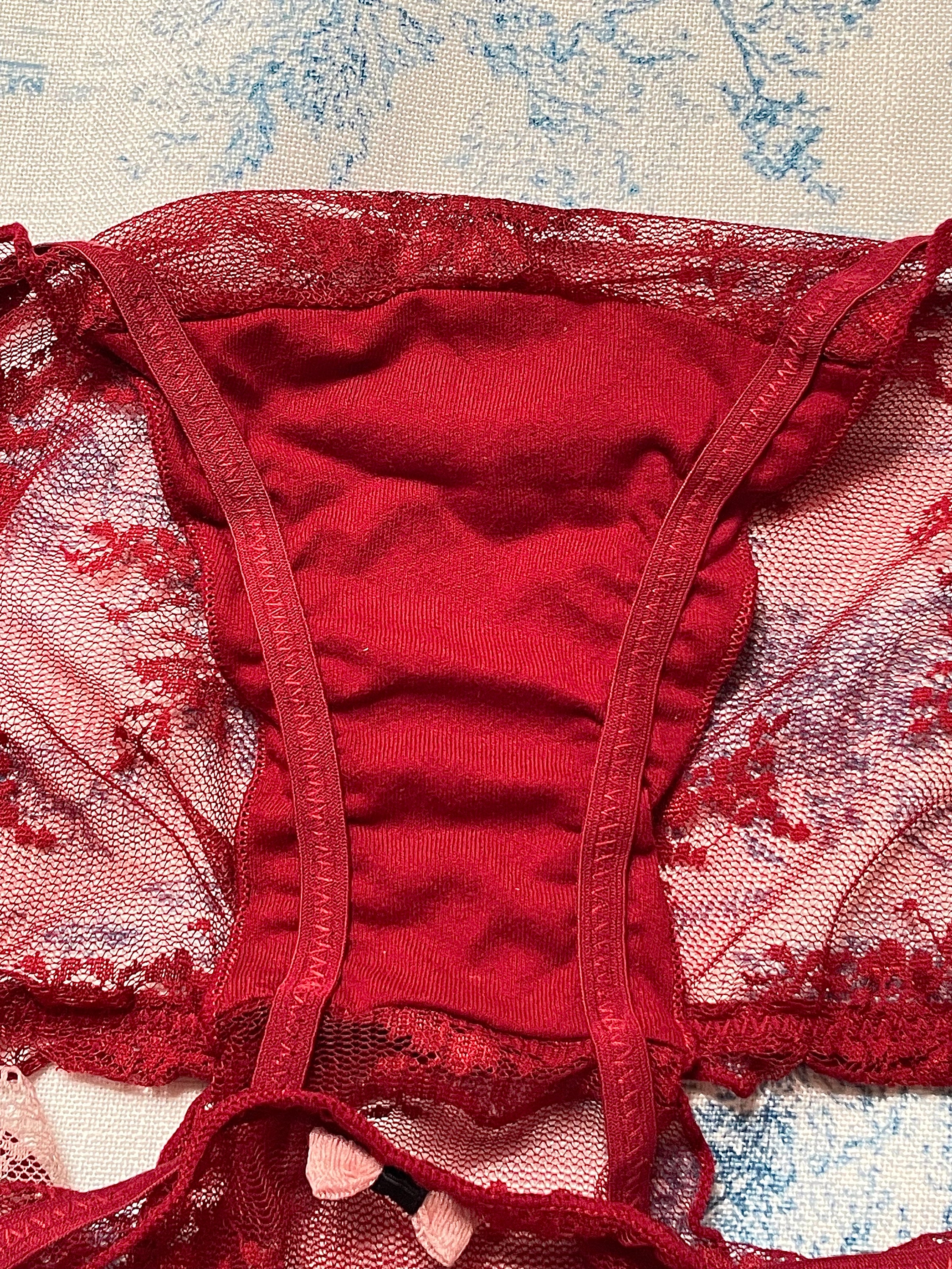 Red Lace Tie Panty featuring a delicate lace design and pink bow detail, showcasing luxurious satin and comfortable cotton lining.