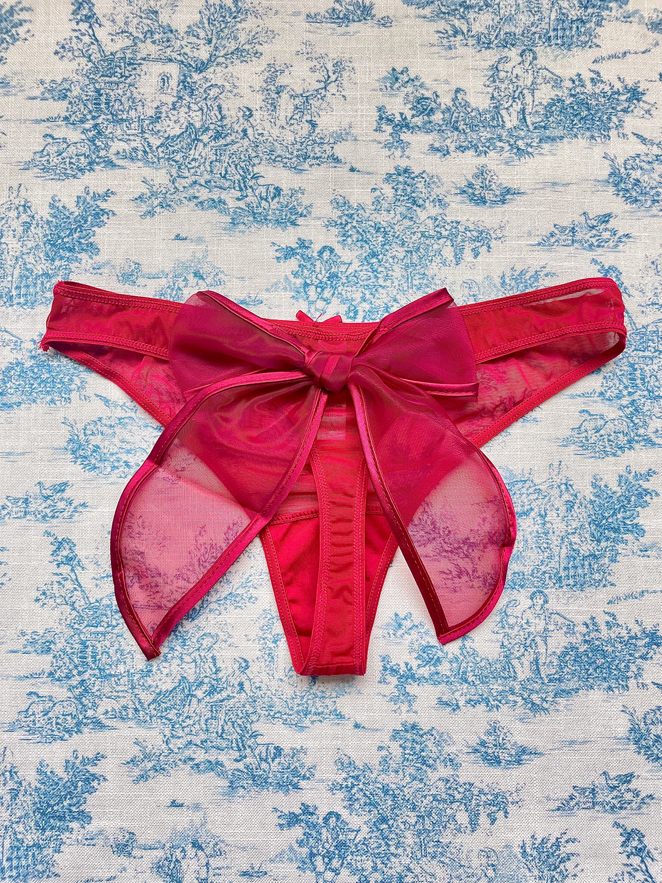 Red Mesh Bow Panty featuring a satin-lined bow and soft cotton lining, perfect for stylish comfort.