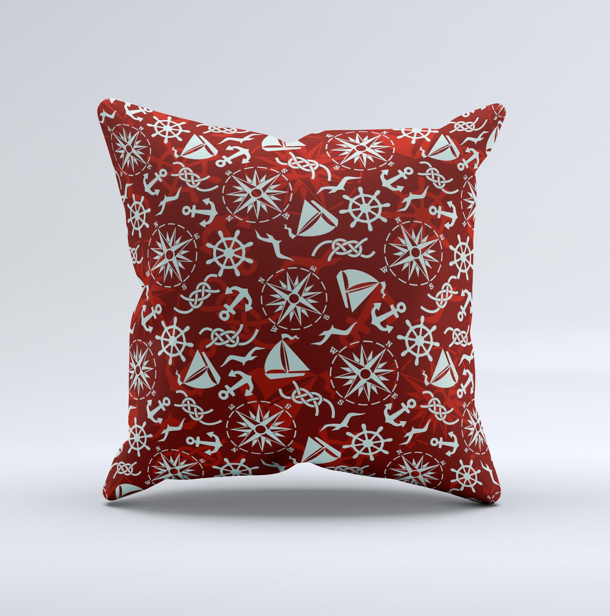 Red Nautica Collage Ink-Fuzed Decorative Throw Pillow featuring a vibrant nautical design, handcrafted in Virginia with high-quality materials.