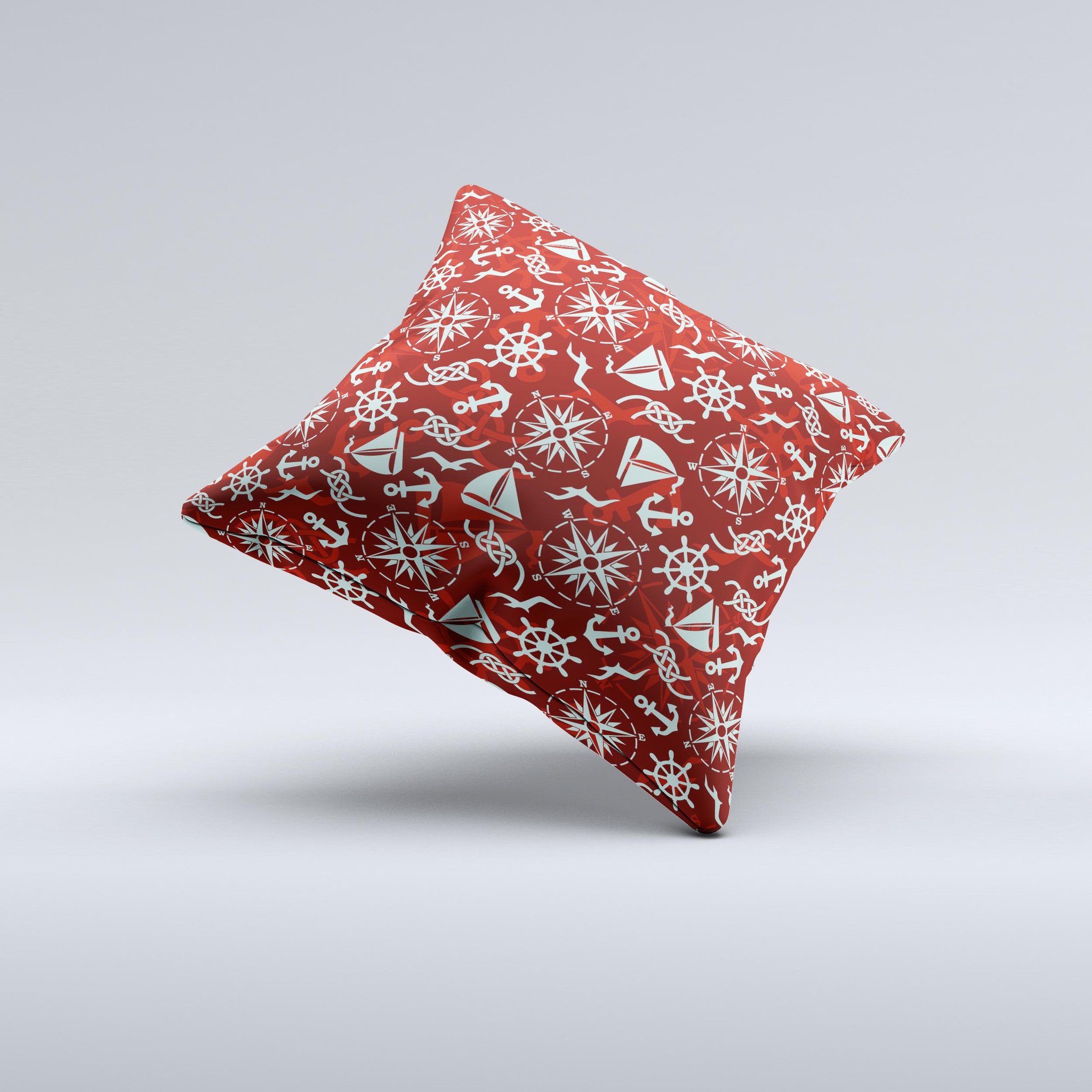 Red Nautica Collage Ink-Fuzed Decorative Throw Pillow featuring a vibrant nautical design, handcrafted in Virginia with high-quality materials.