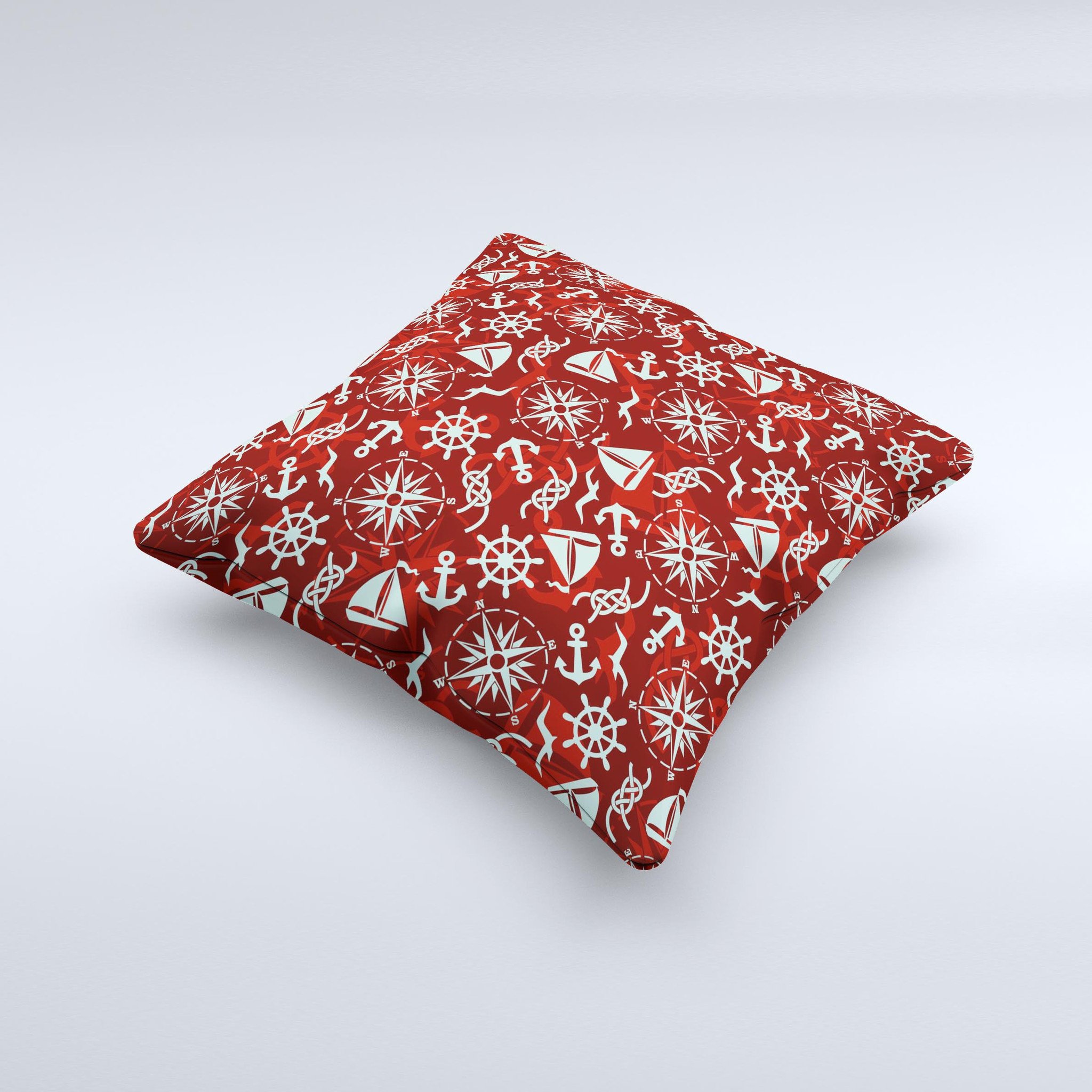 Red Nautica Collage Ink-Fuzed Decorative Throw Pillow featuring a vibrant nautical design, handcrafted in Virginia with high-quality materials.