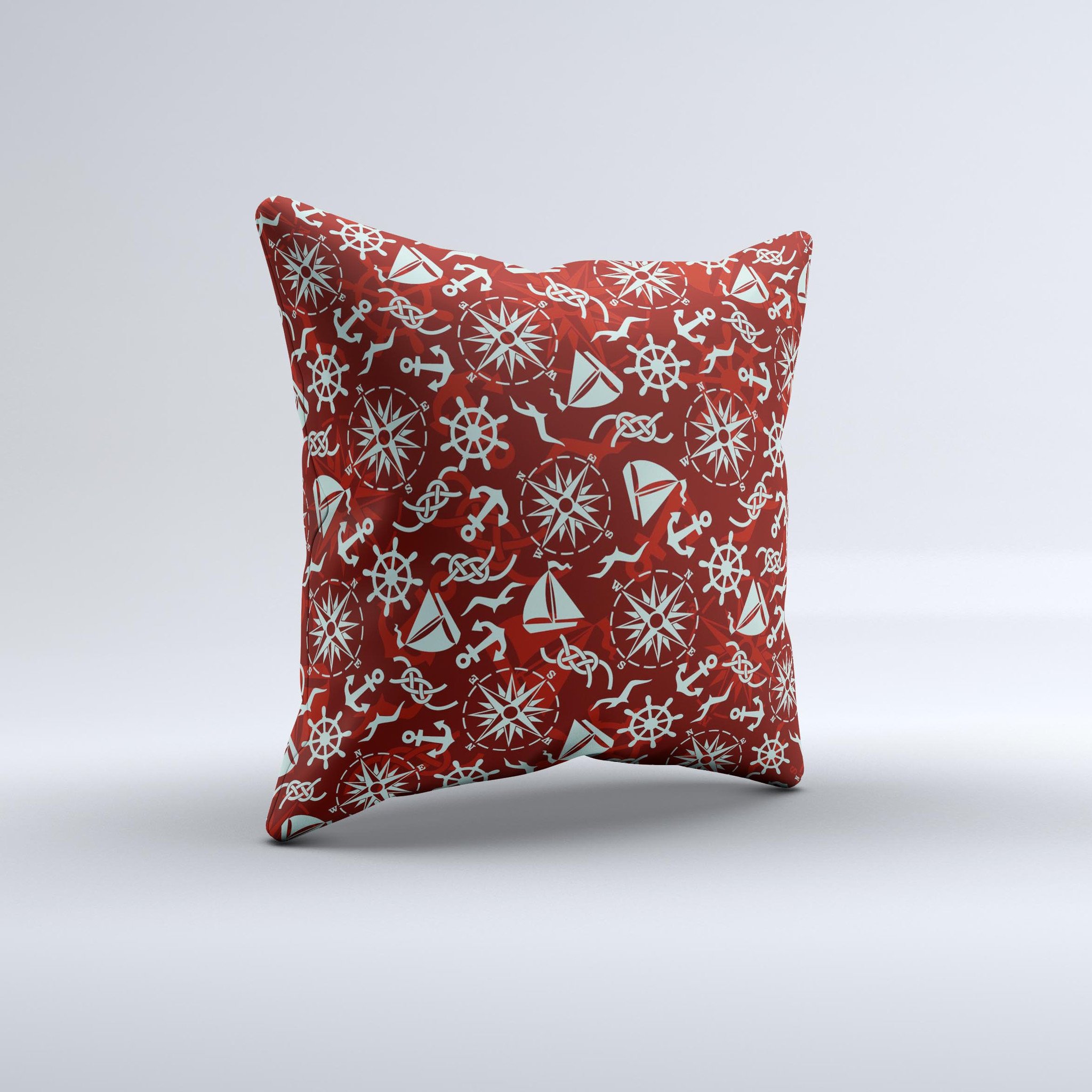 Red Nautica Collage Ink-Fuzed Decorative Throw Pillow featuring a vibrant nautical design, handcrafted in Virginia with high-quality materials.