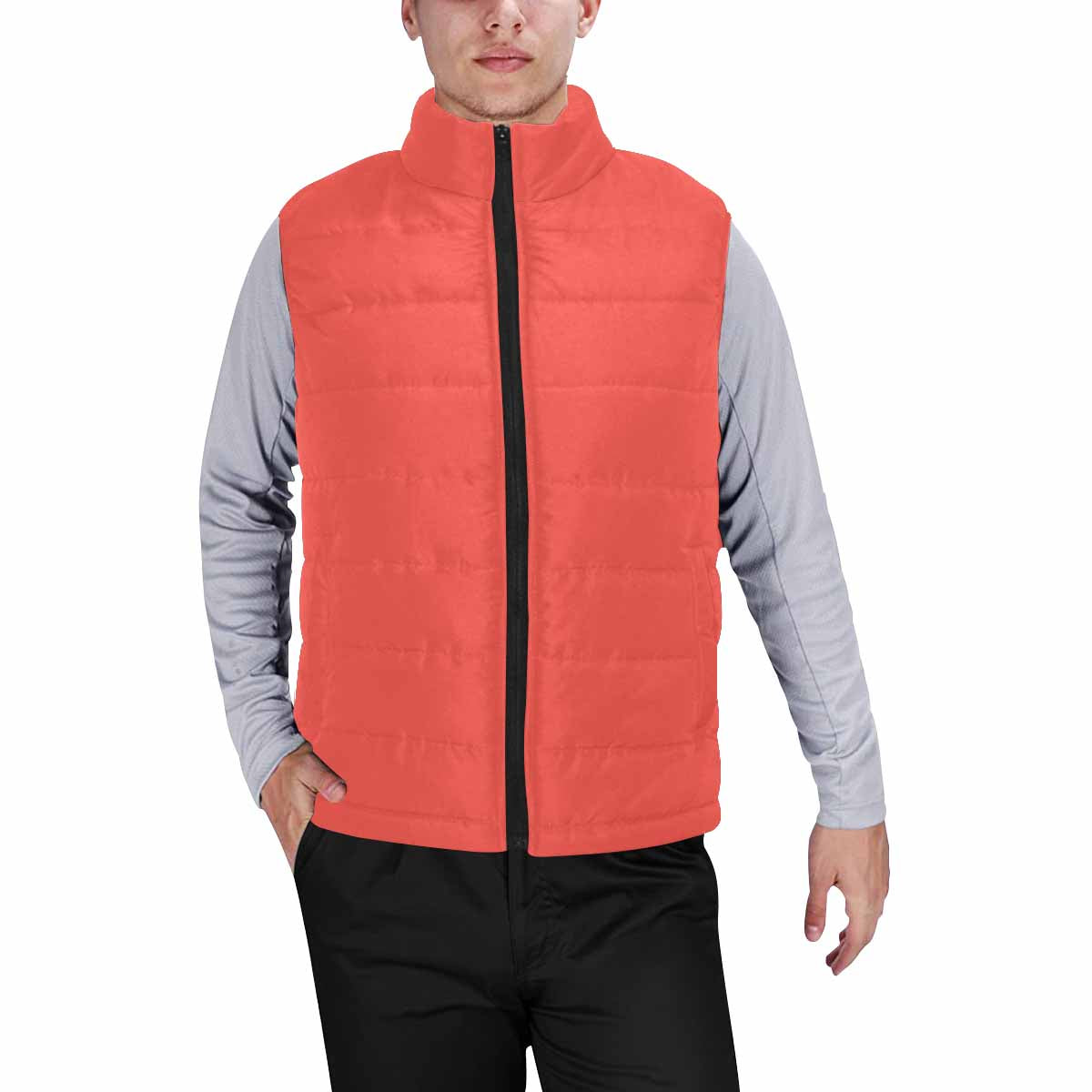 Red orange men's padded vest with quilted design and zipper closure, showcasing a stylish and lightweight outerwear option.