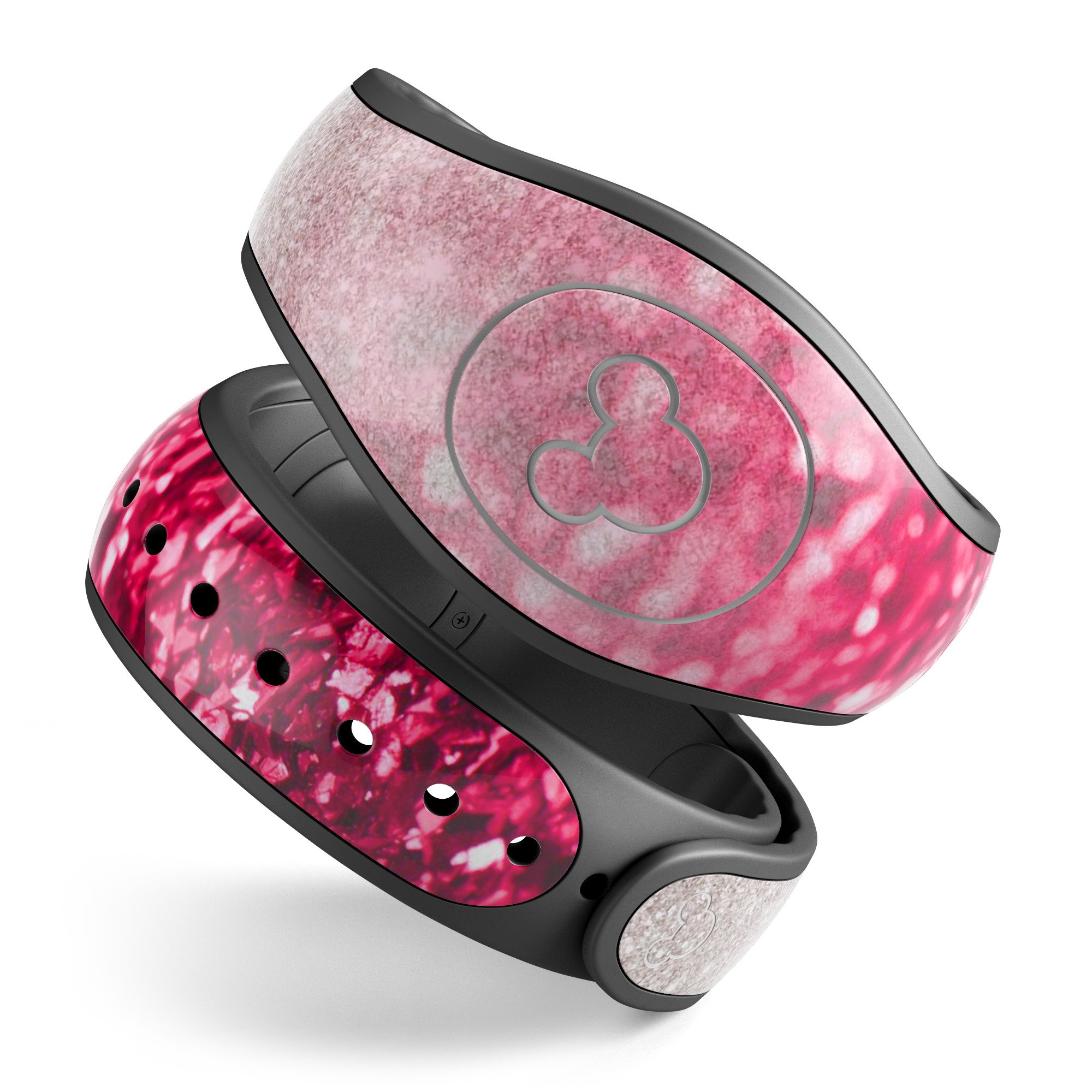 Red and silver glimmer fade decal skin wrap kit for Disney Magic Band, showcasing a stylish design with a smooth finish.