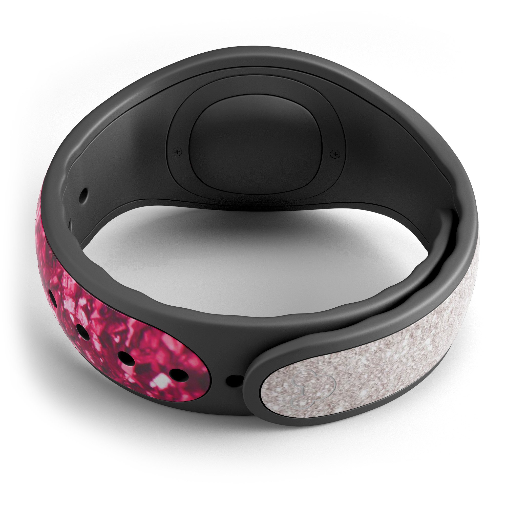 Red and silver glimmer fade decal skin wrap kit for Disney Magic Band, showcasing a stylish design with a smooth finish.