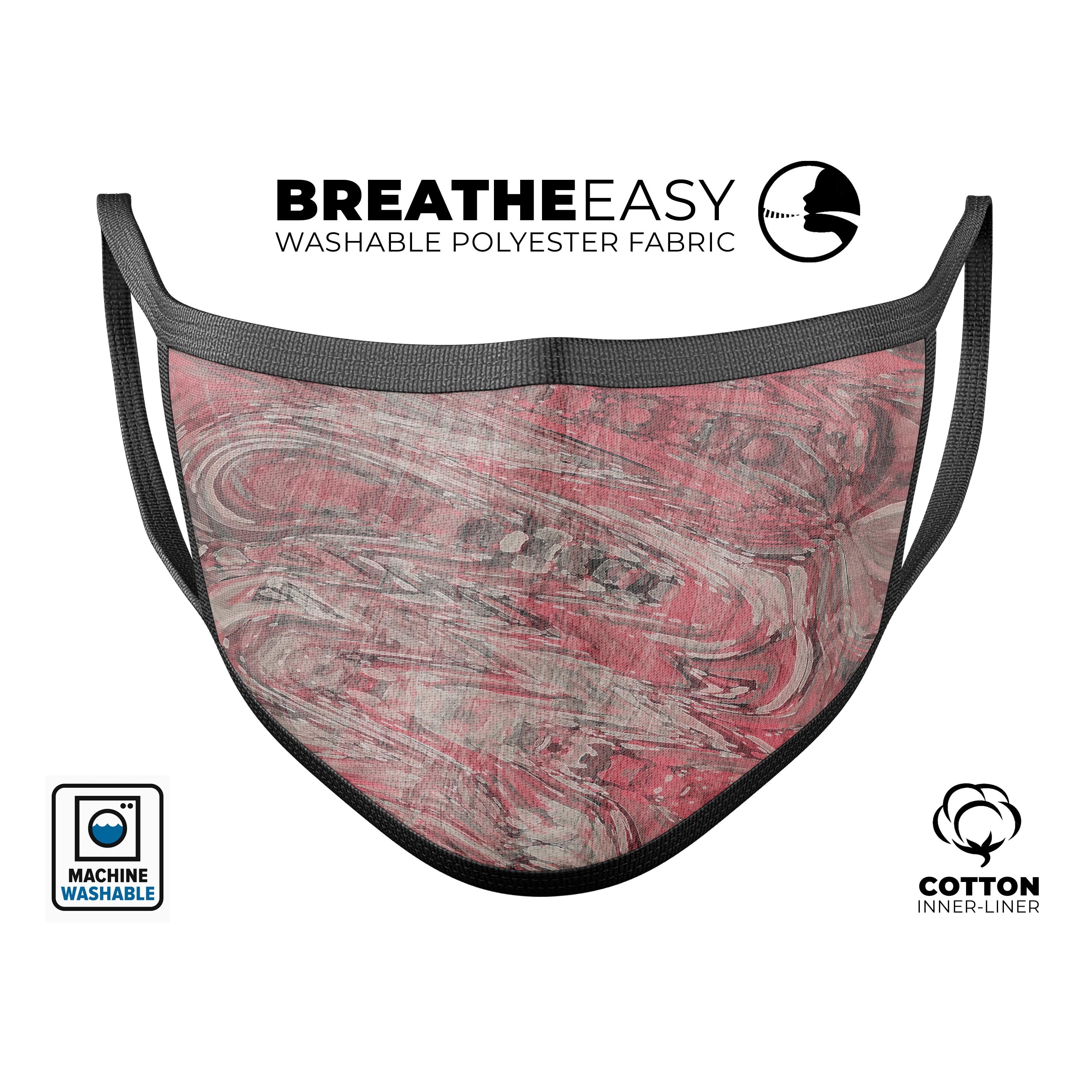 Red Slate Marble Surface V40 mouth cover, featuring a vibrant marble design, adjustable ear-loops, and a soft cotton interior for comfort.