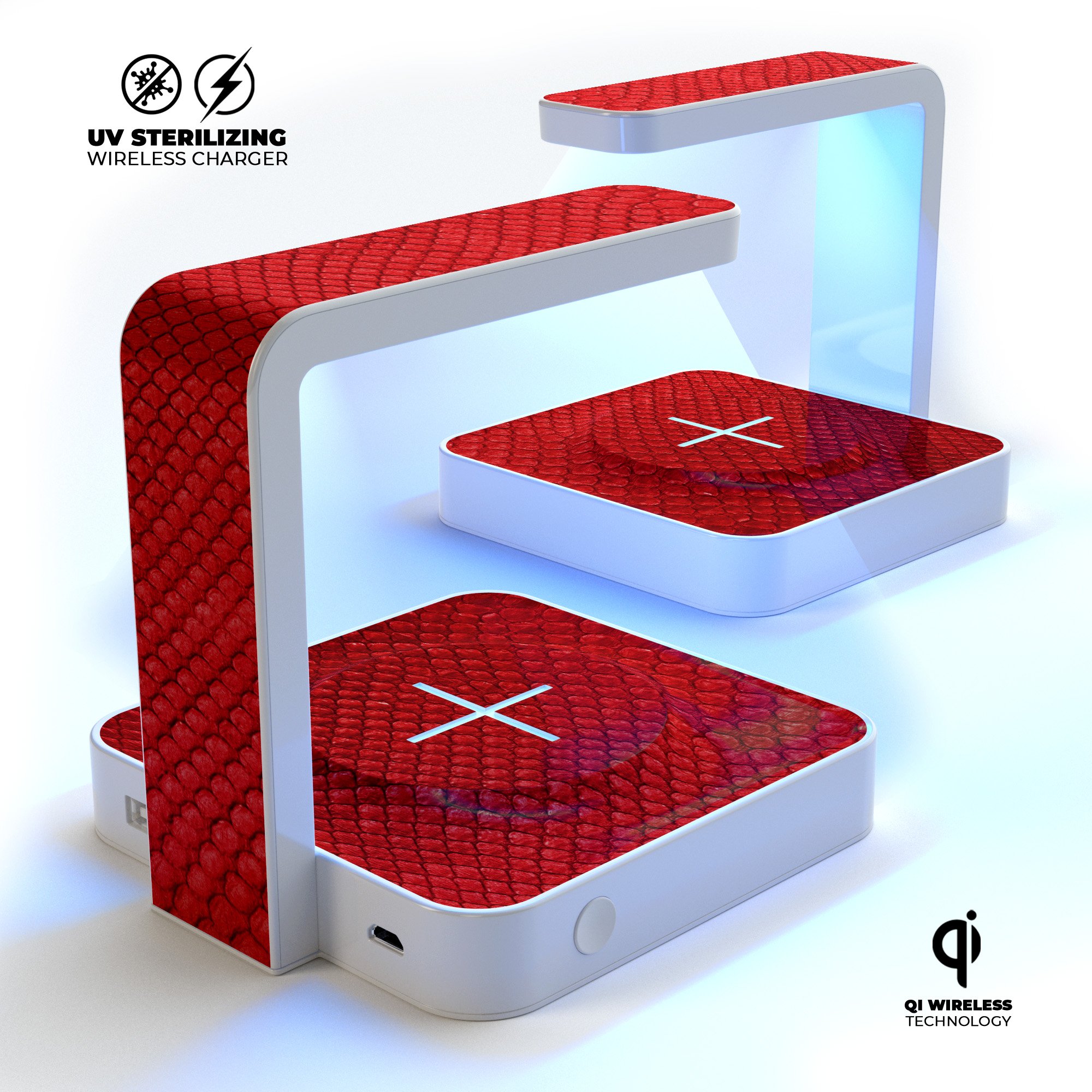 Red Snake Skin Pattern V3 UV Germicidal Sanitizing Sterilizing charger with a sleek design and wireless charging capabilities.