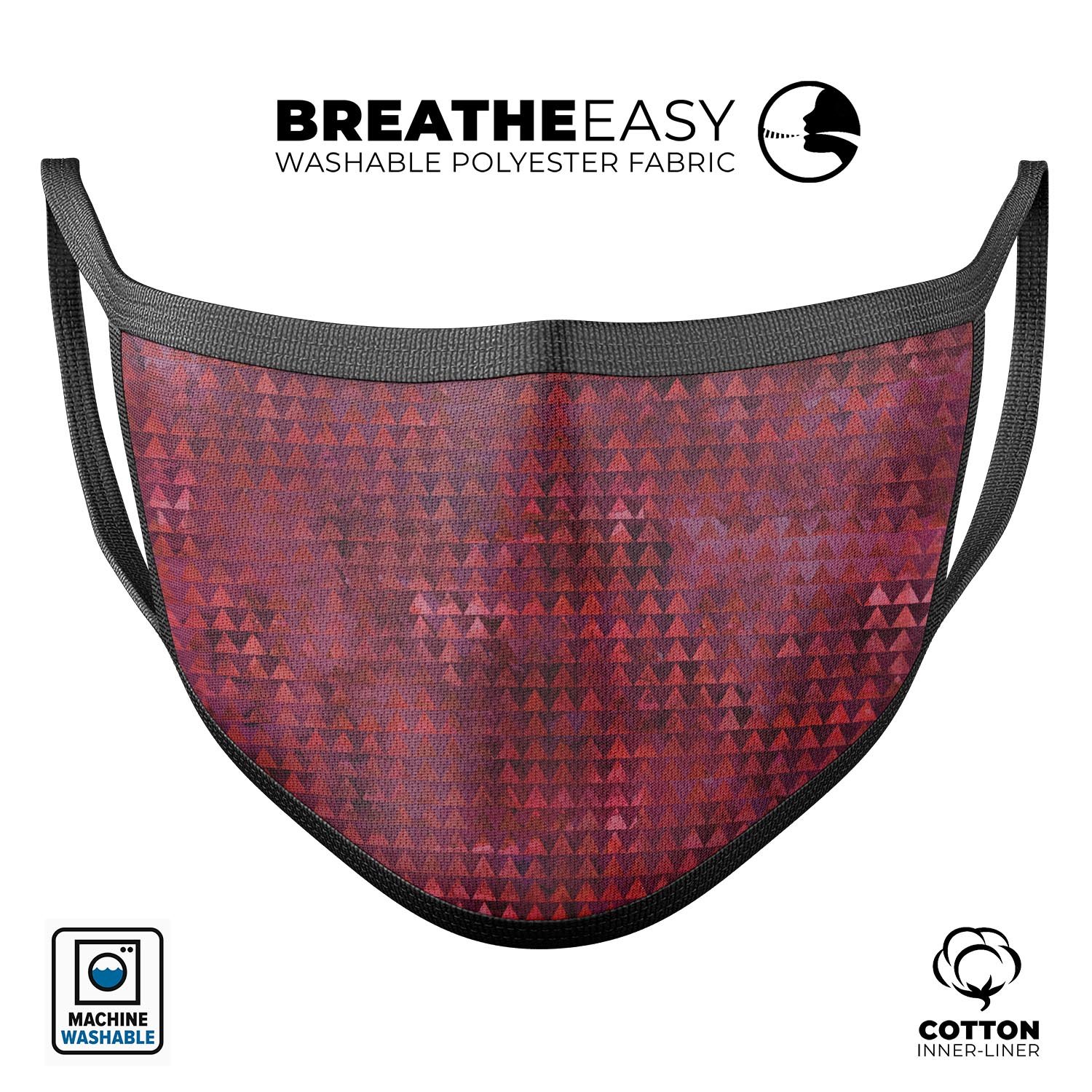 Red textured triangle pattern mouth cover, made in the USA, showcasing adjustable ear loops and soft cotton interior.