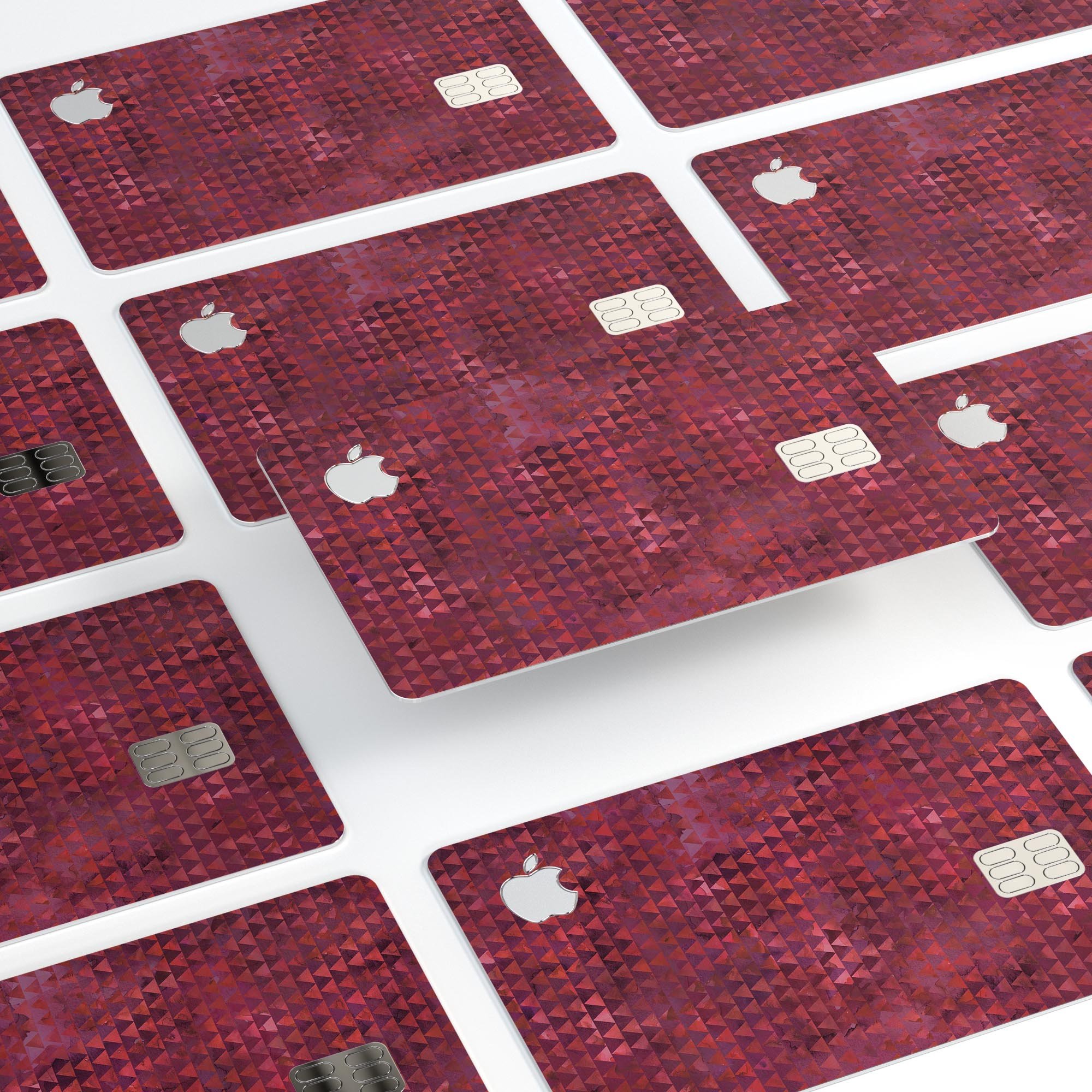 Red textured triangle pattern decal skin for Apple Card, showcasing premium vinyl material and stylish design.