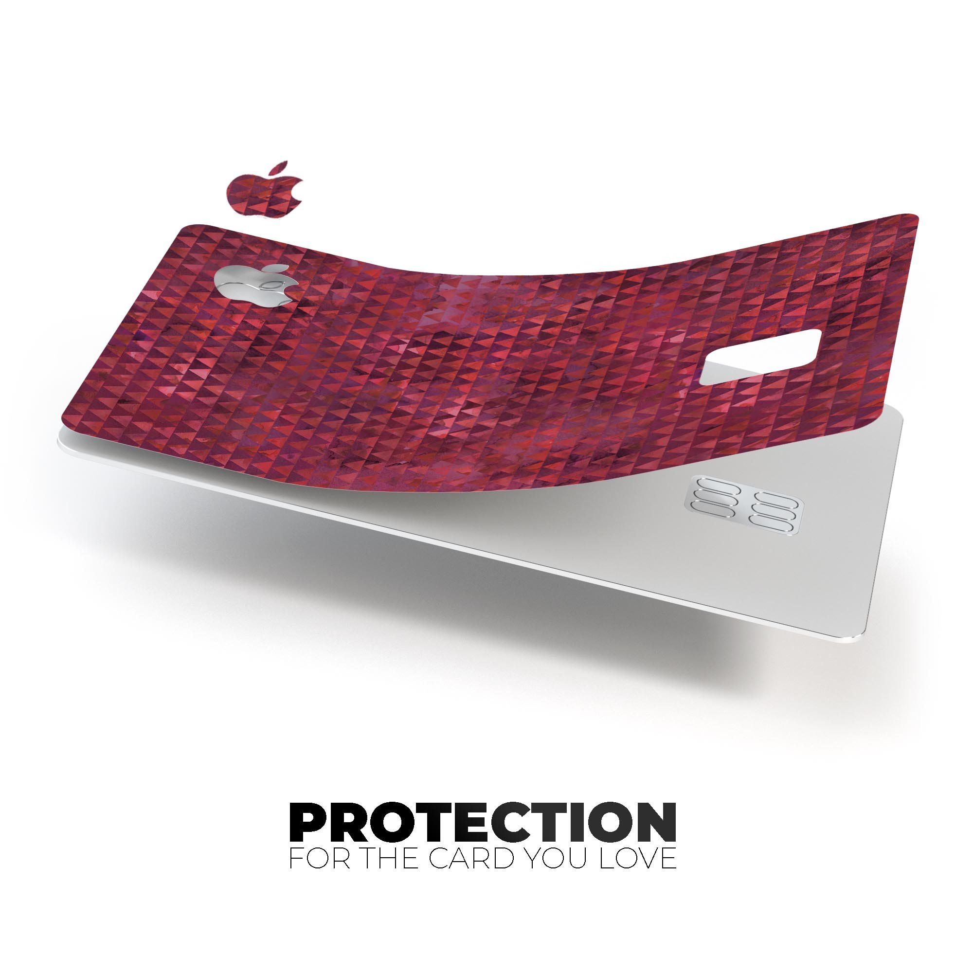 Red textured triangle pattern decal skin for Apple Card, showcasing premium vinyl material and stylish design.