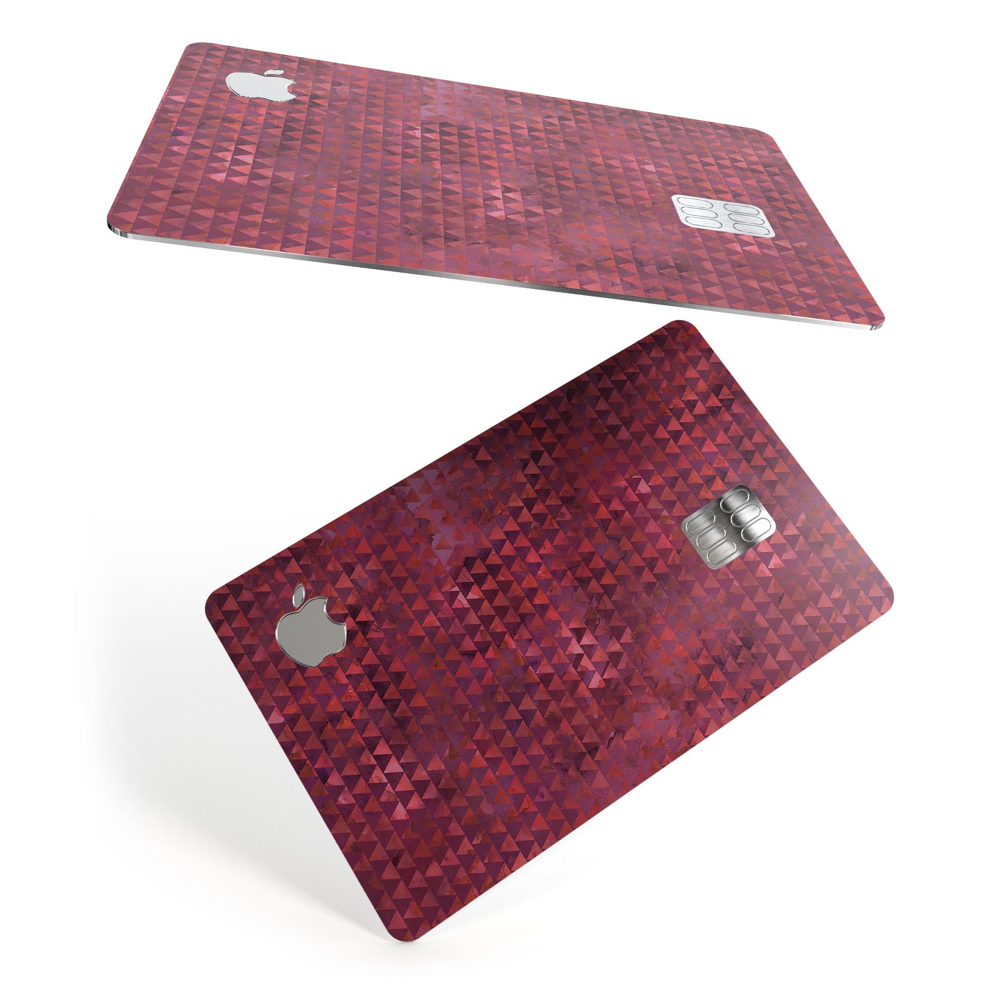 Red textured triangle pattern decal skin for Apple Card, showcasing premium vinyl material and stylish design.