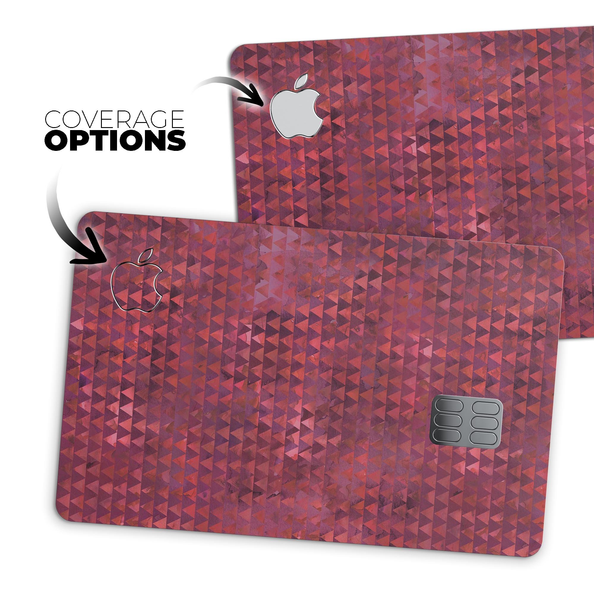 Red textured triangle pattern decal skin for Apple Card, showcasing premium vinyl material and stylish design.