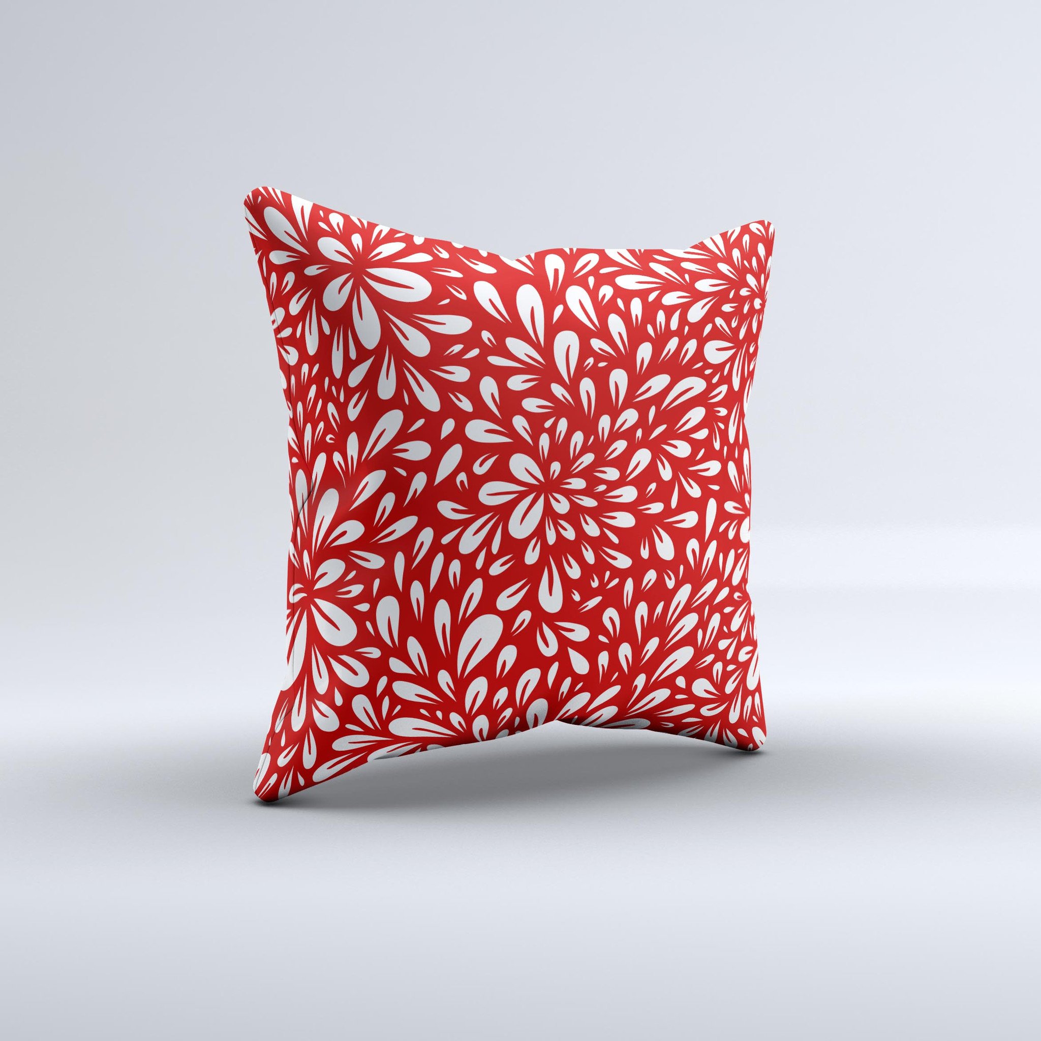 Red Vector Floral Sprout decorative throw pillow with vibrant floral design, handcrafted in Virginia, showcasing unique imperfections.