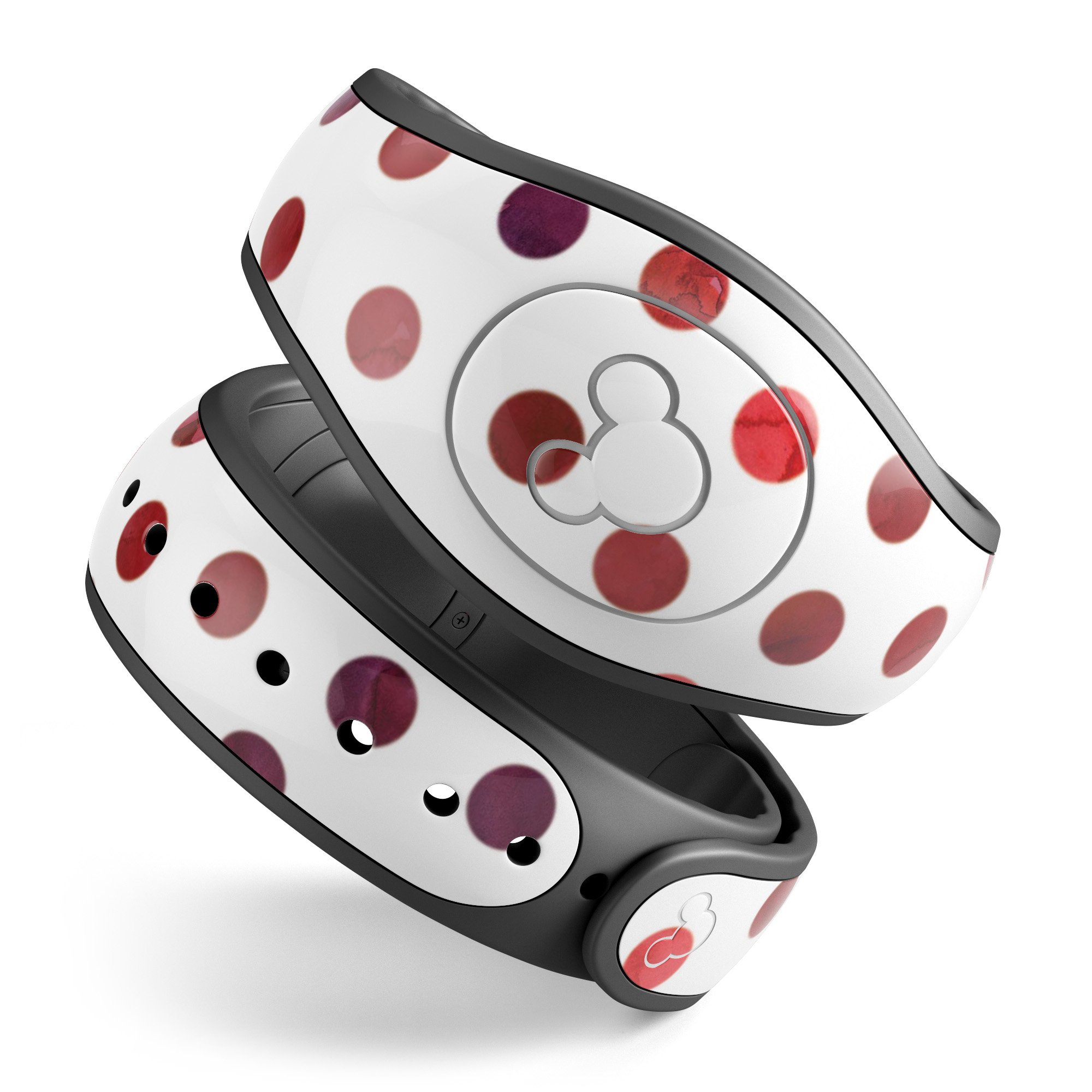 Red watercolor dots design on a white background, showcasing a decal skin wrap for Disney Magic Band.