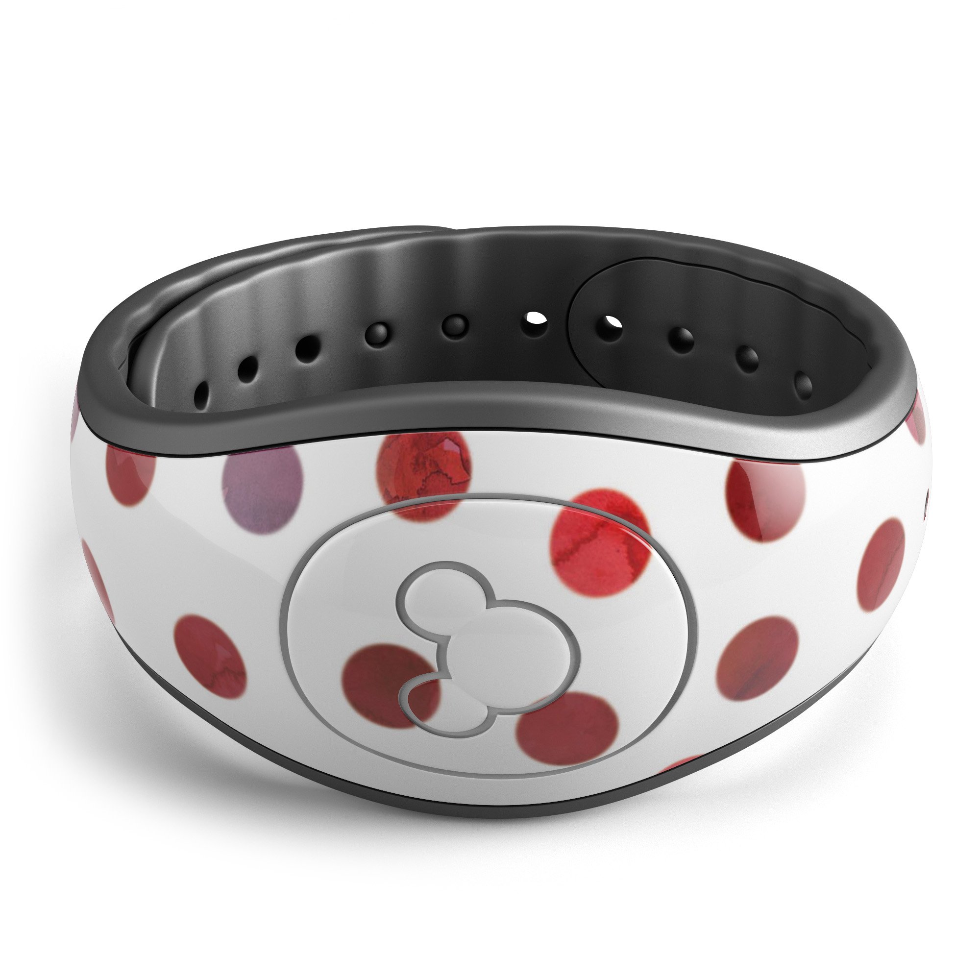 Red watercolor dots design on a white background, showcasing a decal skin wrap for Disney Magic Band.