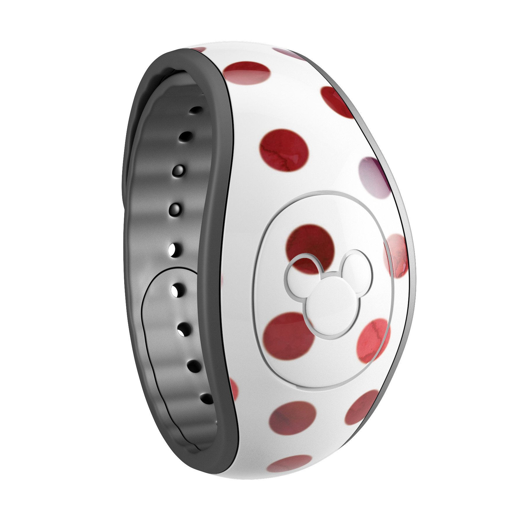 Red watercolor dots design on a white background, showcasing a decal skin wrap for Disney Magic Band.