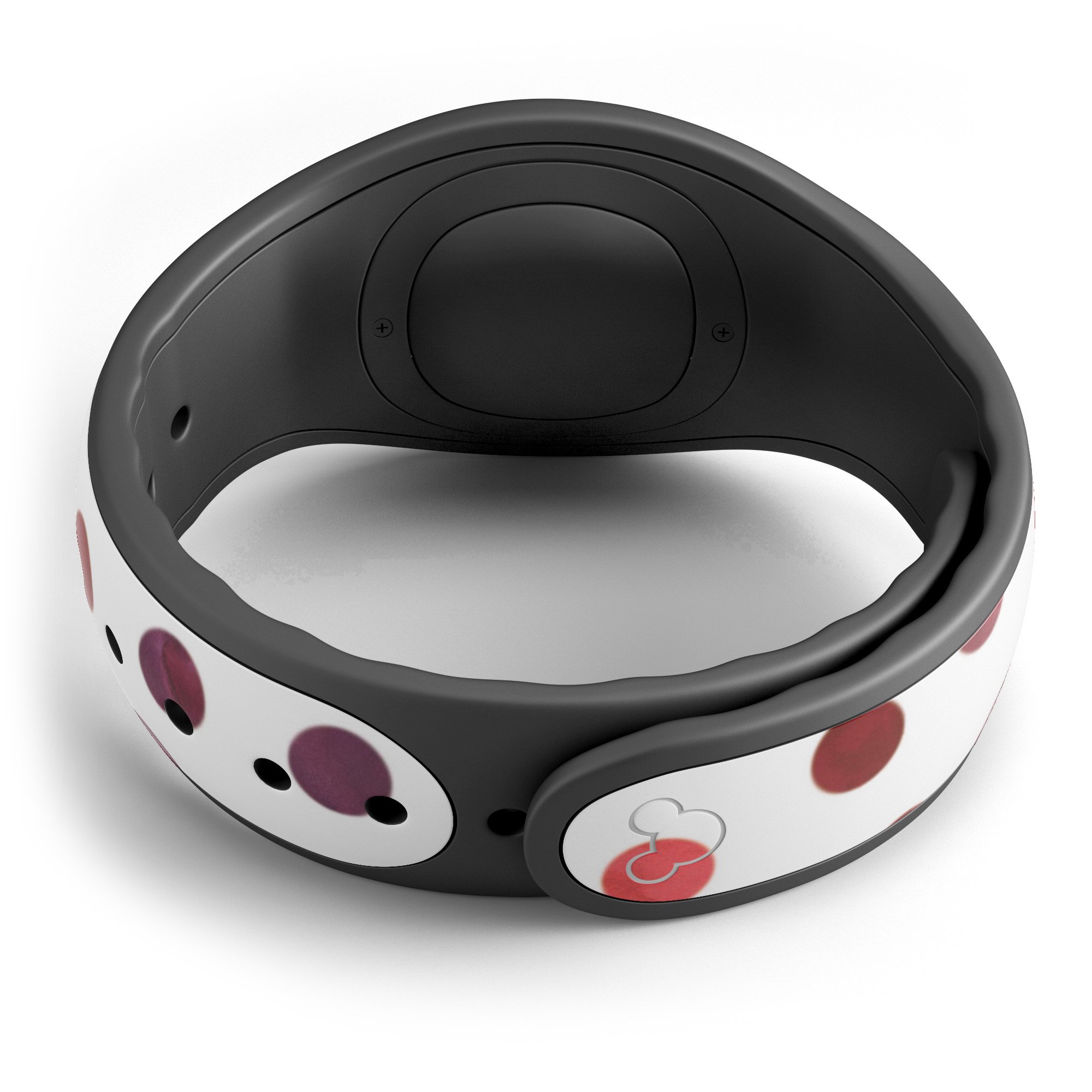 Red watercolor dots design on a white background, showcasing a decal skin wrap for Disney Magic Band.