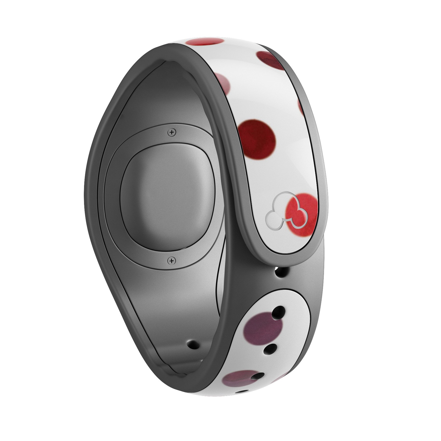 Red watercolor dots design on a white background, showcasing a decal skin wrap for Disney Magic Band.