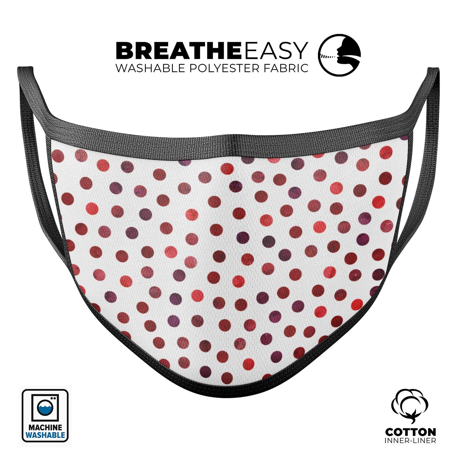 Red watercolor dots pattern on a white reusable face mask, adjustable ear loops, made in the USA.