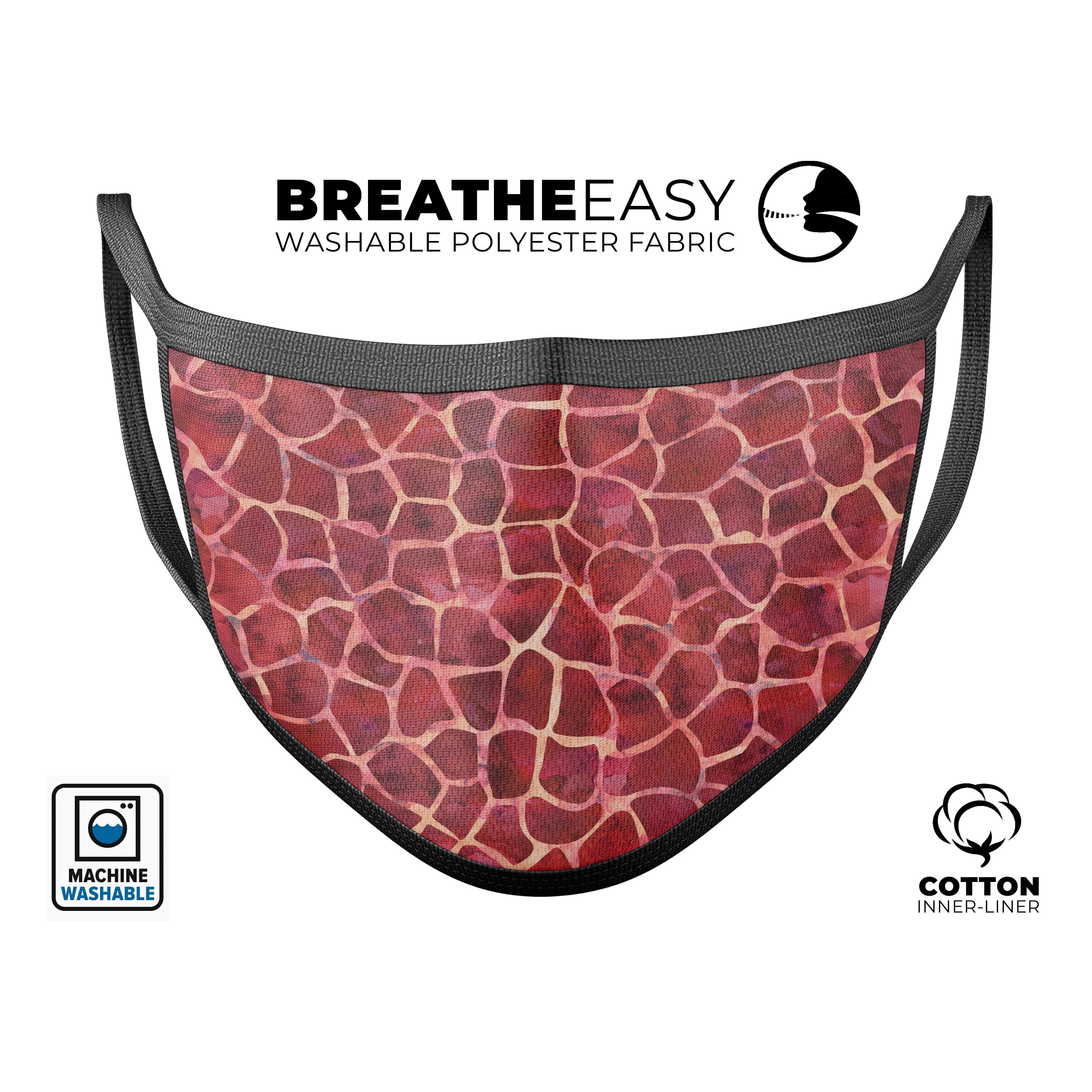 Red Watercolor Giraffe Pattern mouth cover, showcasing vibrant colors and adjustable ear-loops for a comfortable fit.