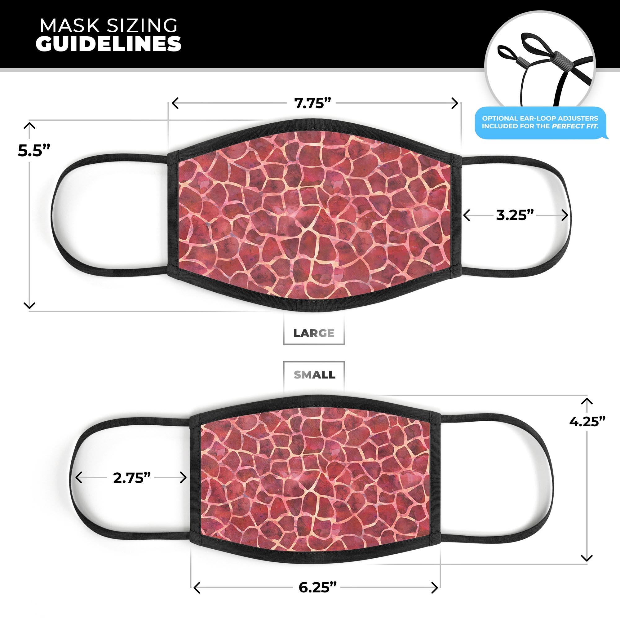 Red Watercolor Giraffe Pattern mouth cover, showcasing vibrant colors and adjustable ear-loops for a comfortable fit.