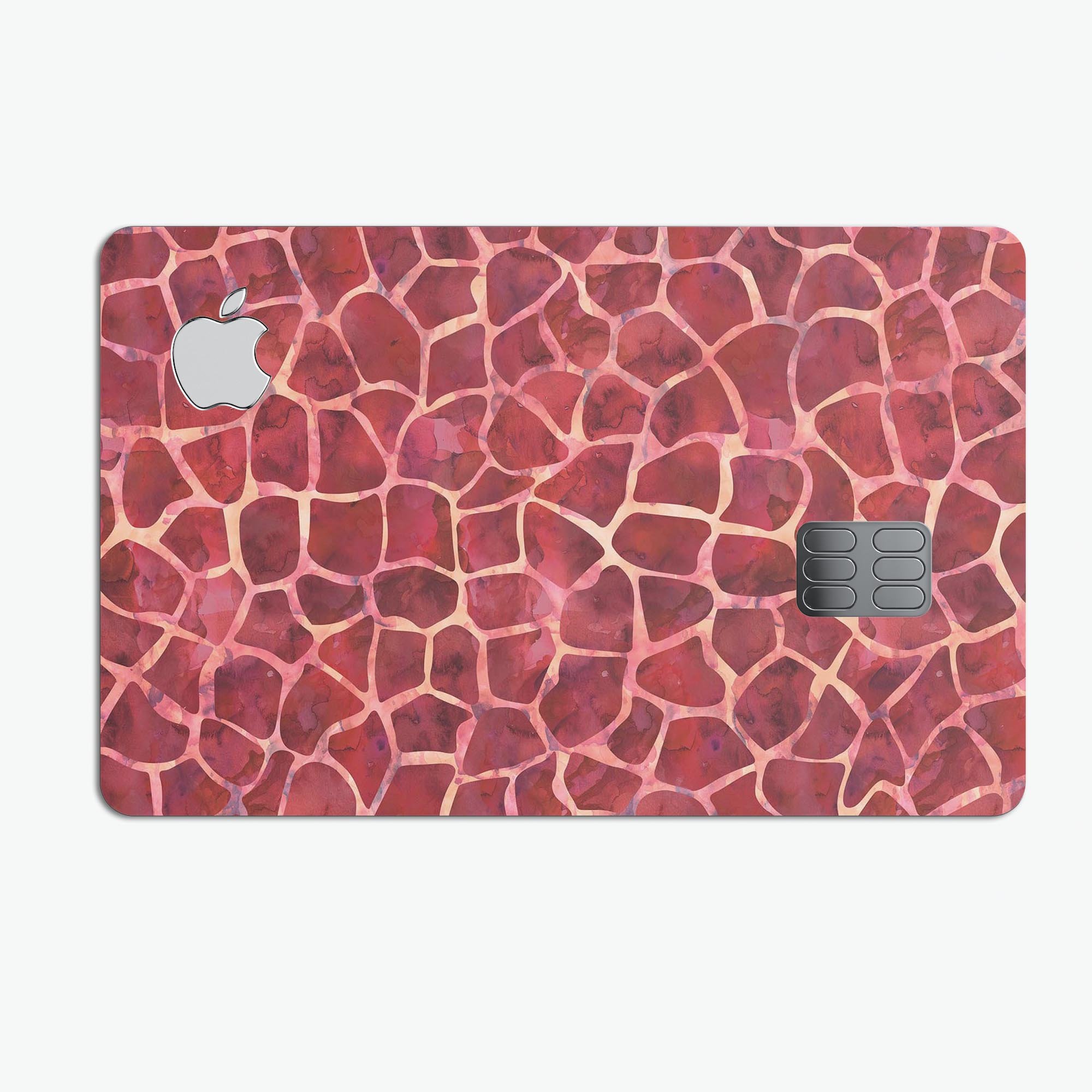 Red Watercolor Giraffe Pattern skin decal for Apple Card, showcasing vibrant colors and unique design.