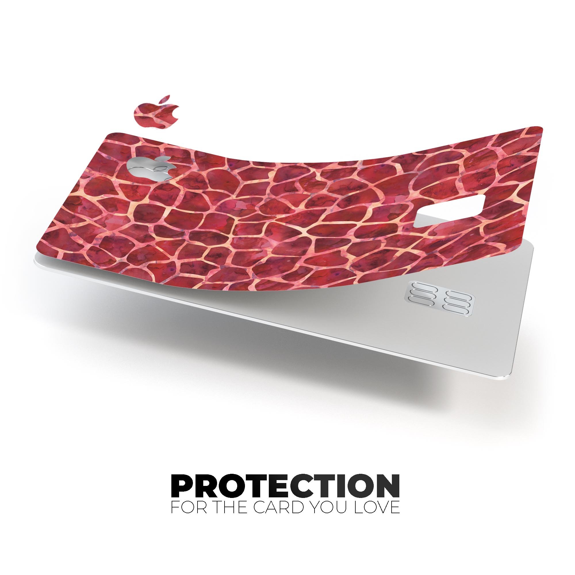 Red Watercolor Giraffe Pattern skin decal for Apple Card, showcasing vibrant colors and unique design.