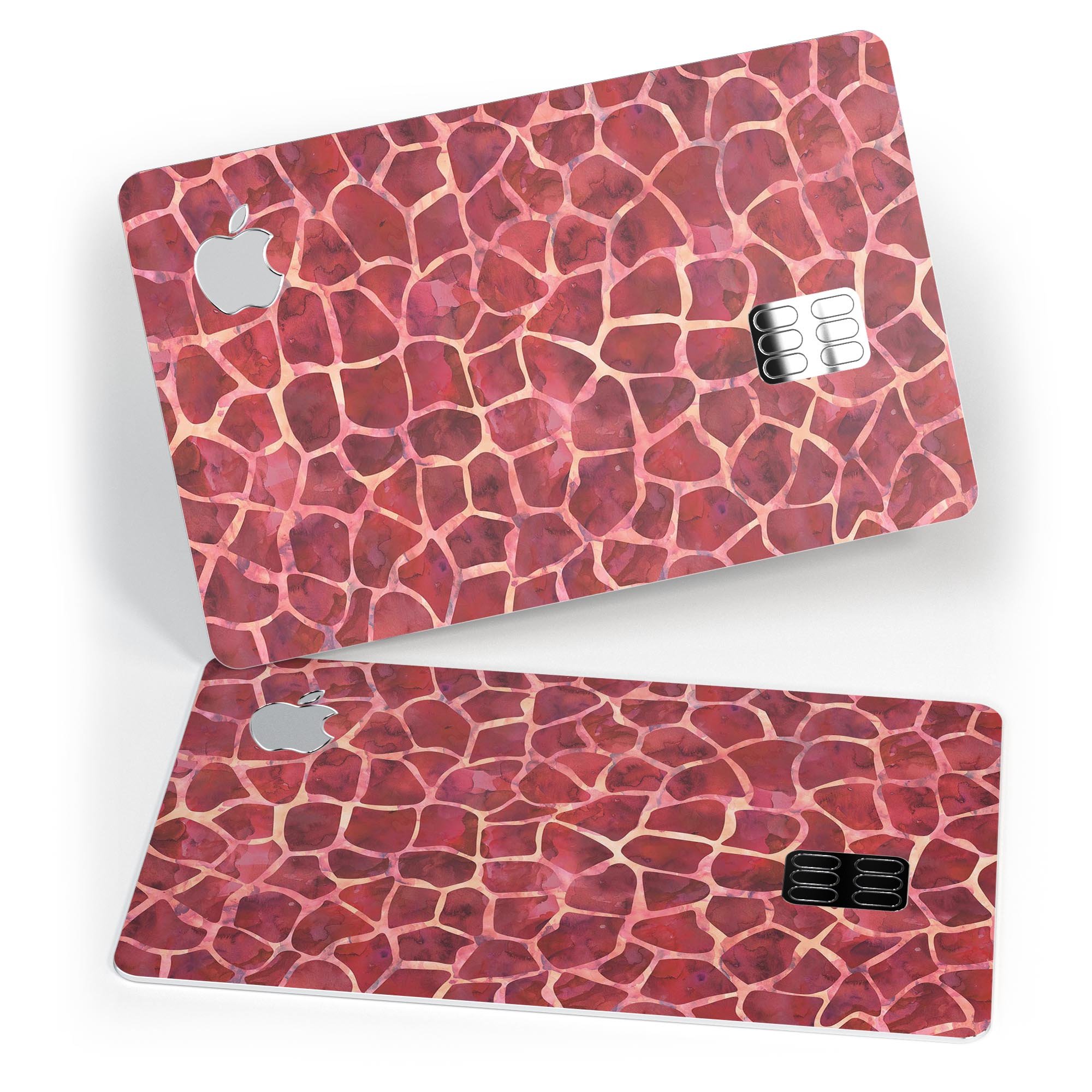 Red Watercolor Giraffe Pattern skin decal for Apple Card, showcasing vibrant colors and unique design.