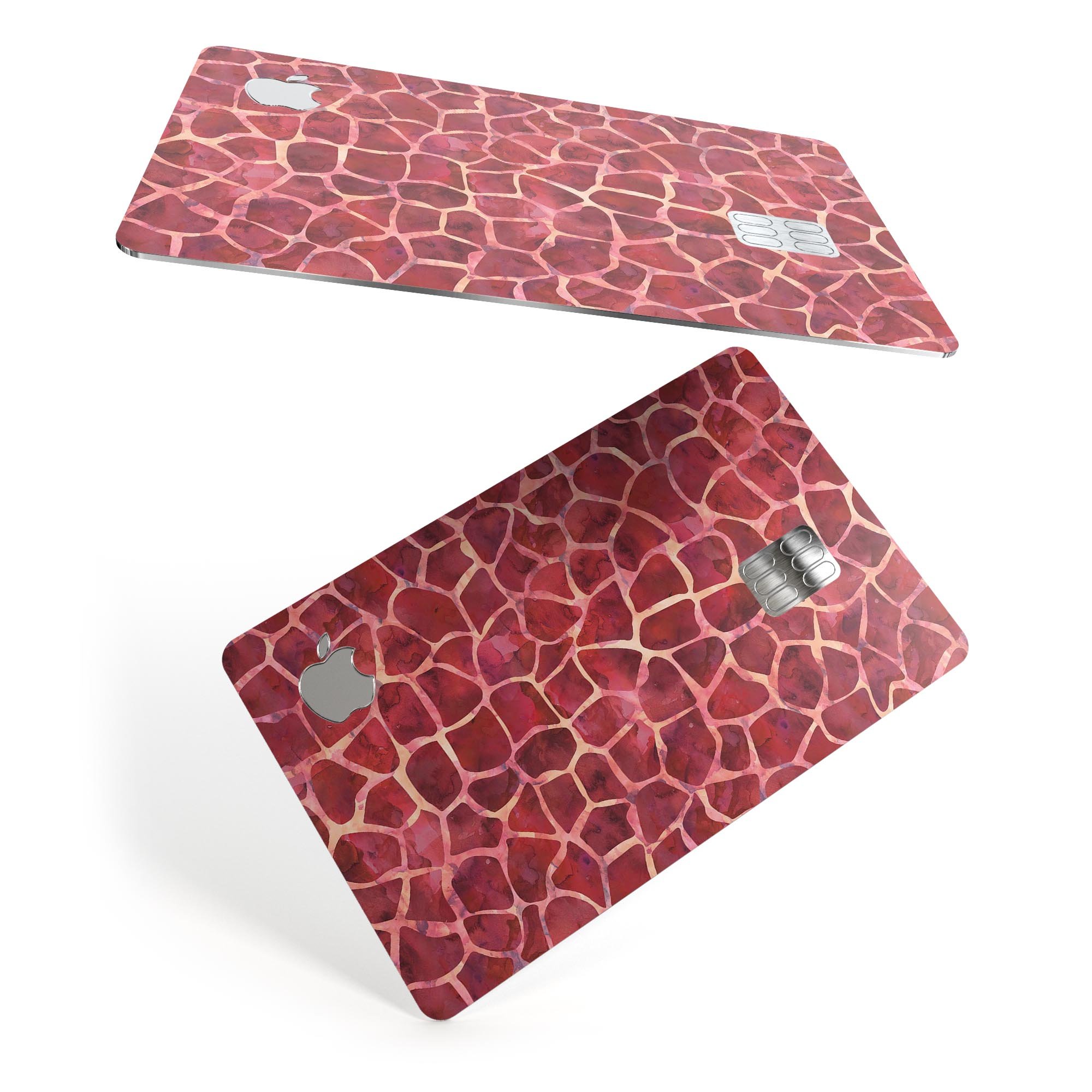 Red Watercolor Giraffe Pattern skin decal for Apple Card, showcasing vibrant colors and unique design.