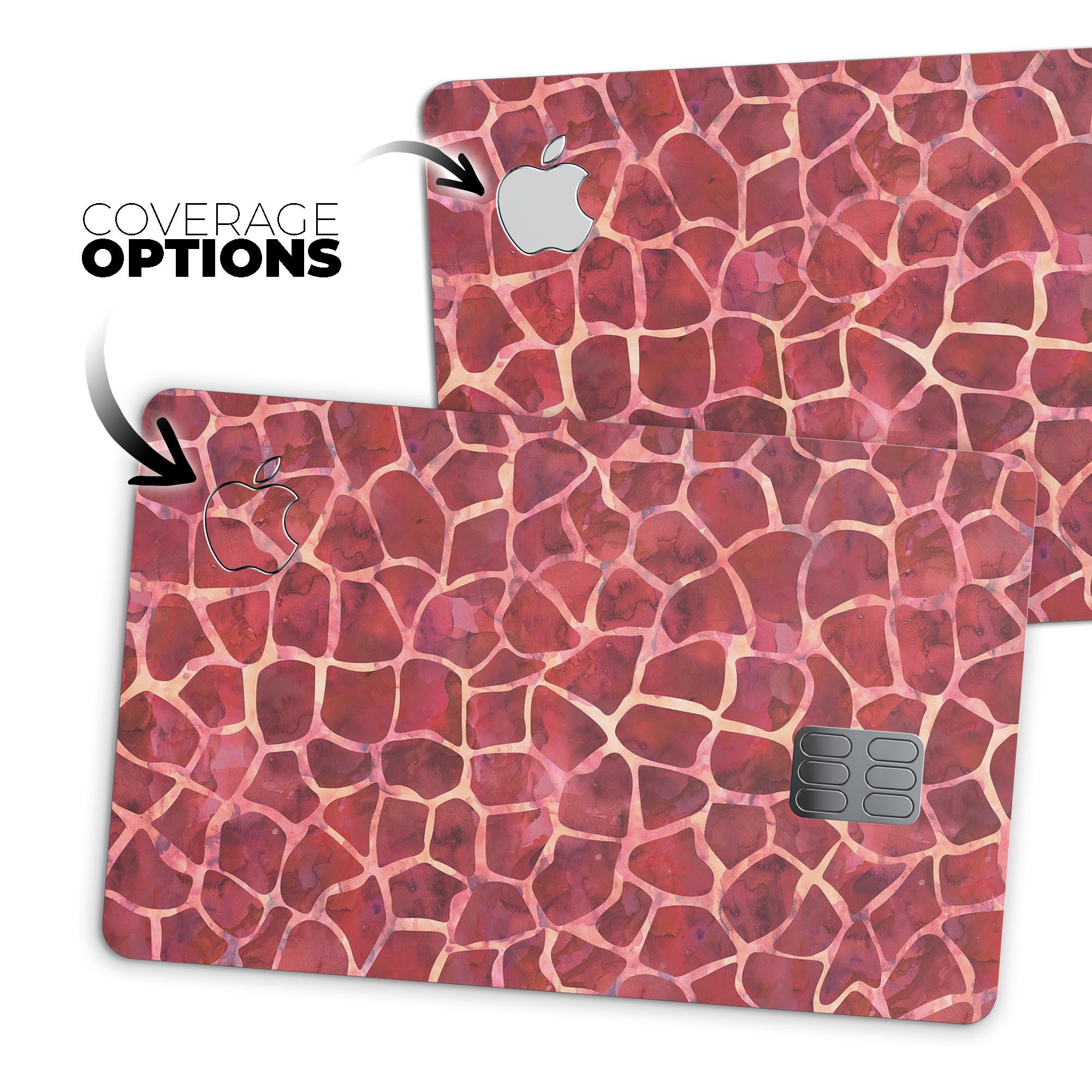 Red Watercolor Giraffe Pattern skin decal for Apple Card, showcasing vibrant colors and unique design.