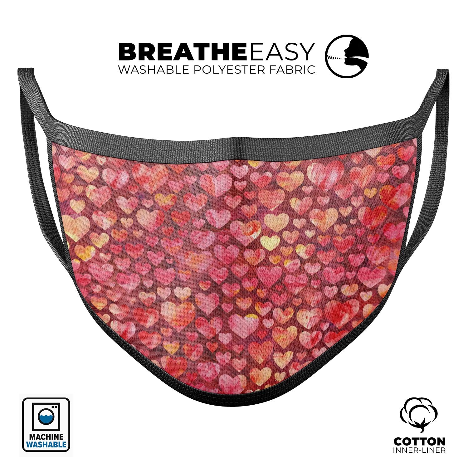 Red Watercolor Hearts mouth cover, featuring a vibrant design, made from soft cotton and memory foam for comfort.